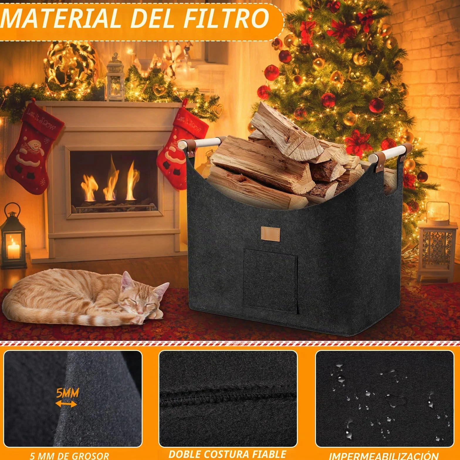 96LCesta para Leña de Chimenea, Cesta de Leña, Plegable Bolsa de Fieltro para Leñas, Cestas para Leñas con Asas, 60x40x40 Cestas Leñas, Cestass de Fieltro para Leñas de Chimenea, Gris Oscuro