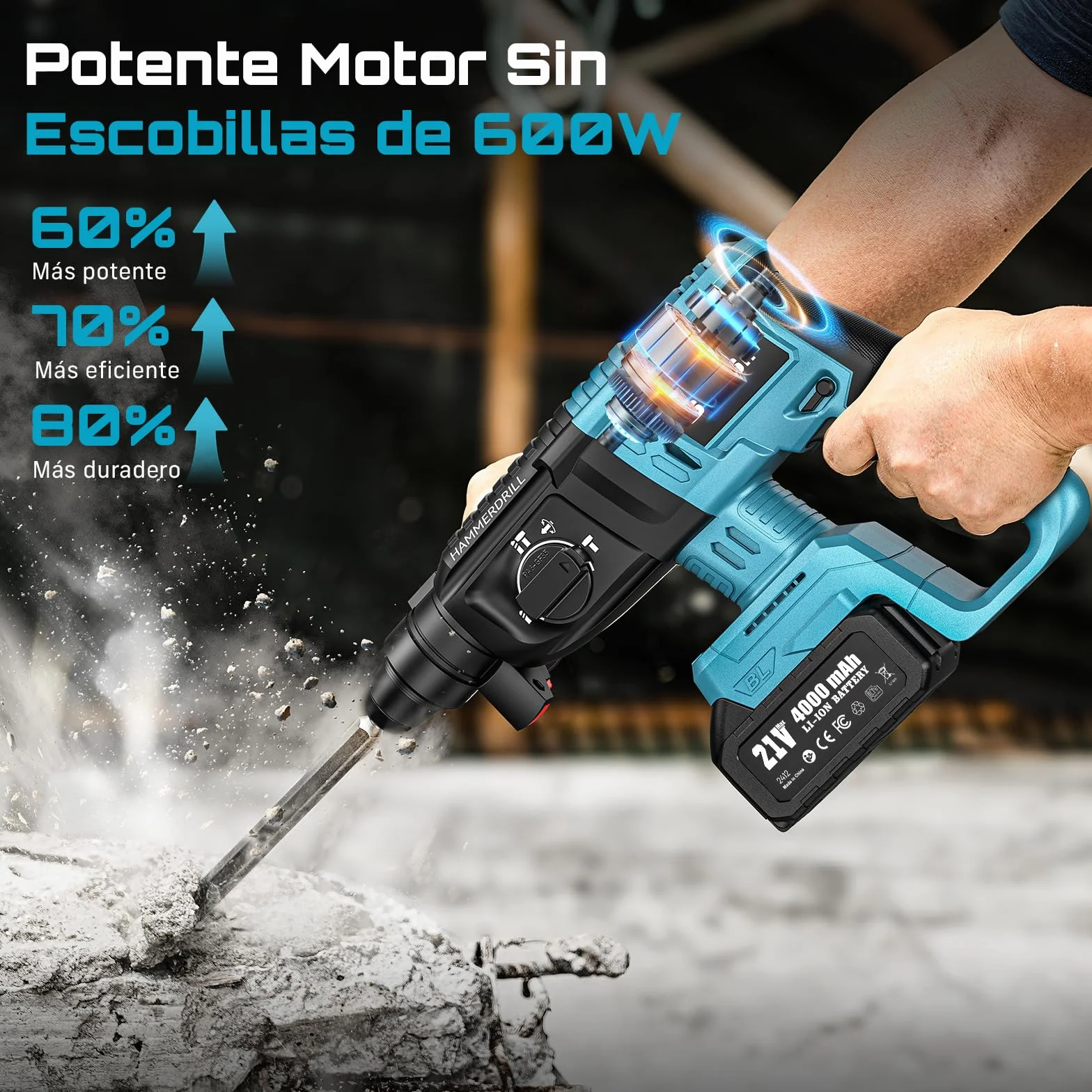 Seesii 3-in-1 Martillo Perforador a Baterías: 2,5J Potente Martillo Percutor sin cable con Motor sin escobillas, 2 * 4,0AH Baterías y Cargador, 5 piezas SDS-plus, Mango Antivibración, Para Bricolaje