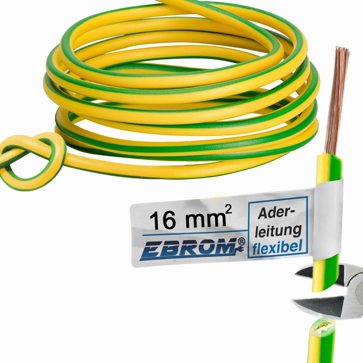 EBROM Cable de conexión a tierra H07V-K (K = cable fino flexible), 1 x 16 mm², 10 m, color verde/amarillo (1 pieza con 16 mm² en 10 metros de longitud)