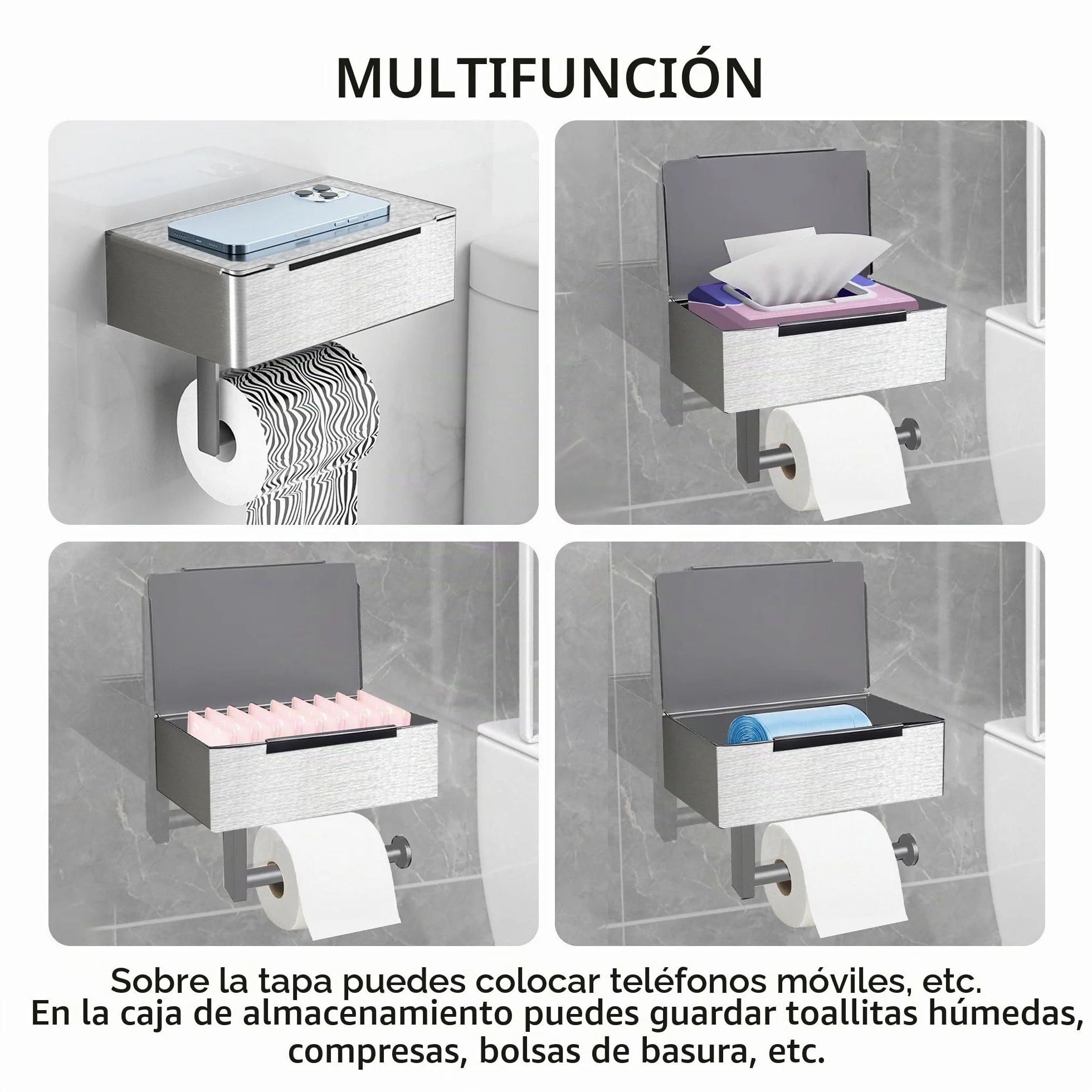 Portarrollos de Papel Higiénico de Acero Inoxidable, Autoadhesivos o Taladrar en Pared, Portarrollos de Papel Higiénico para Inodoro Baño Cocina (Plata, Estilo B)