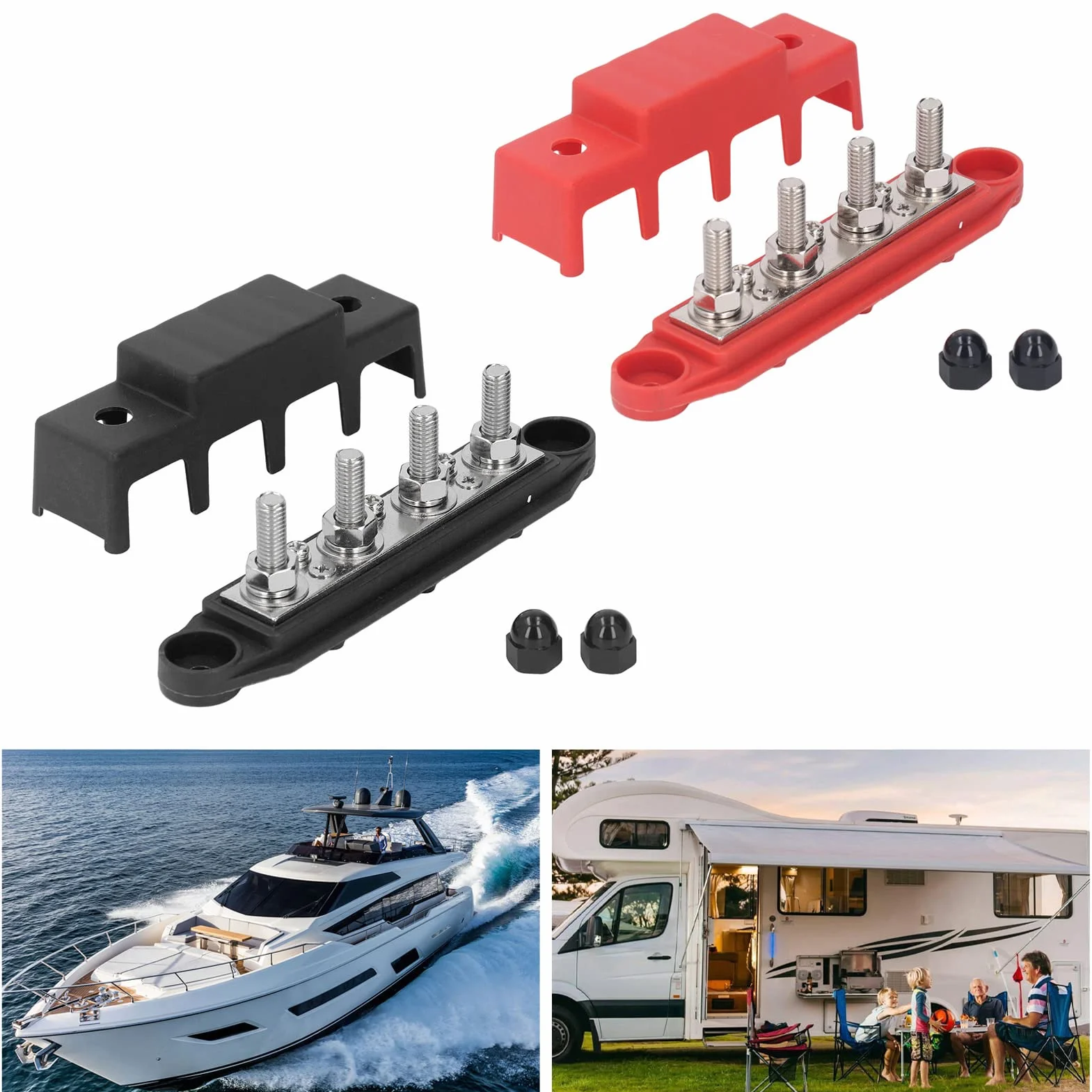 Asixxsix Bloque de Distribución de EnergíA de 2 Piezas, Bloque de Terminales Tornillo M8 Barra de Bus de 4 Terminales CC 48 V 250 A para Automóviles, Vehículos Recreativos, Barcos