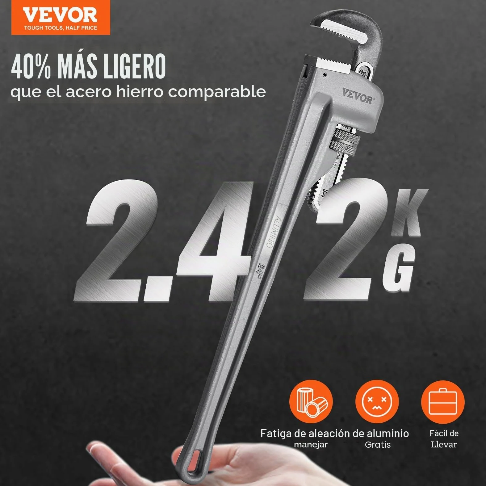 VEVOR Llave para Tubo Recto de Aluminio 61 cm Llave para Plomería Ajustable Mandíbula de Alta Resistencia Mango Ergonómico Fácil de Transportar para Tuberías de Agua Reparaciones de Automóviles