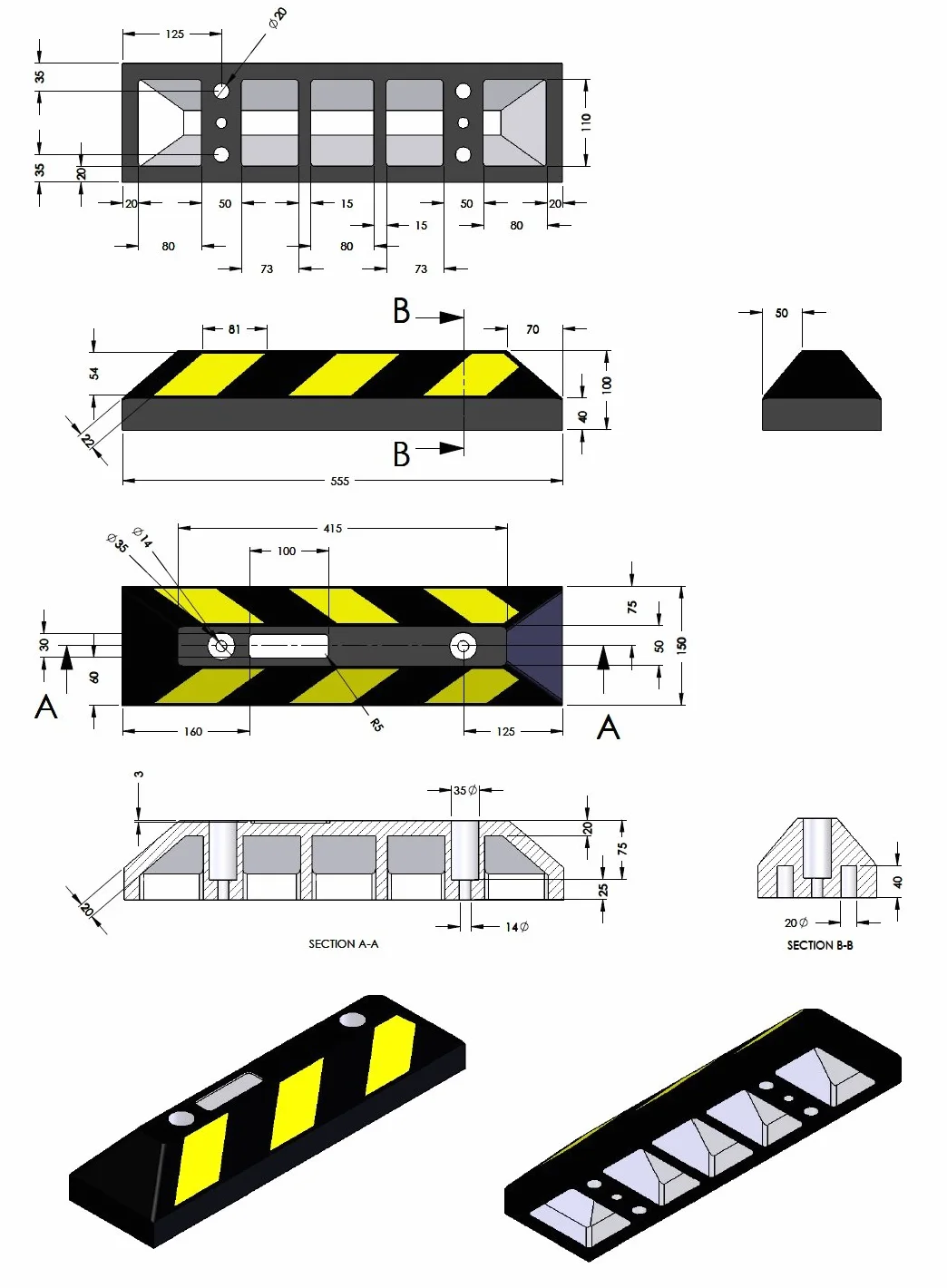 Tope Rueda de Goma Para Estacionar y Garajes, Negro Amarillo, 55x15x10 cm (Paquete de 1)