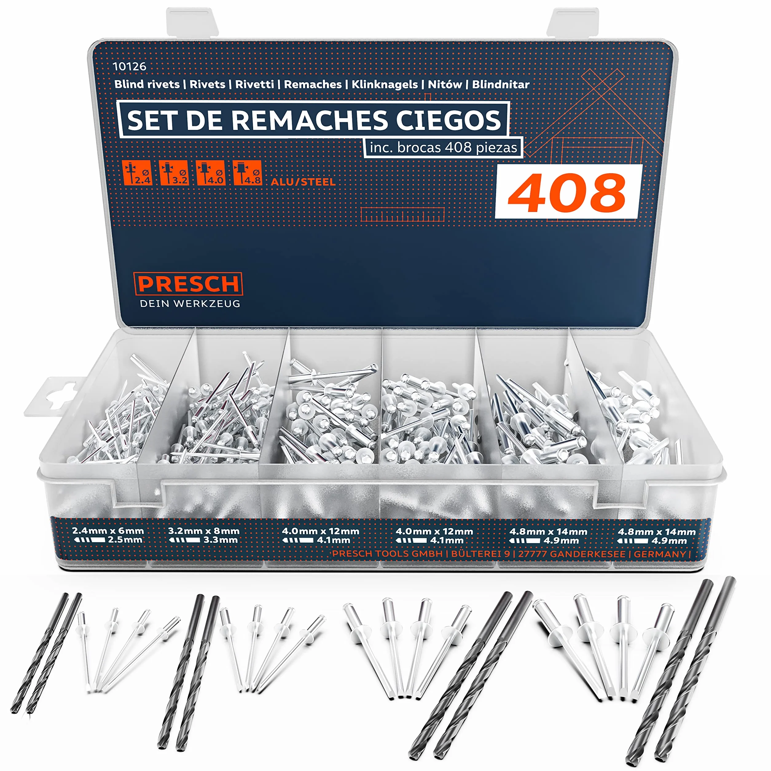 Presch set de remaches ciegos con 408 piezas inc. brocas de HSS - Juego de 400 remaches de aluminio/acero 2,4 mm, 3,2 mm, 4,0 mm y 4,8 mm y 8 brocas de HSS a juego 2,5 mm, 3,3 mm, 4,1 mm, 4,9 mm