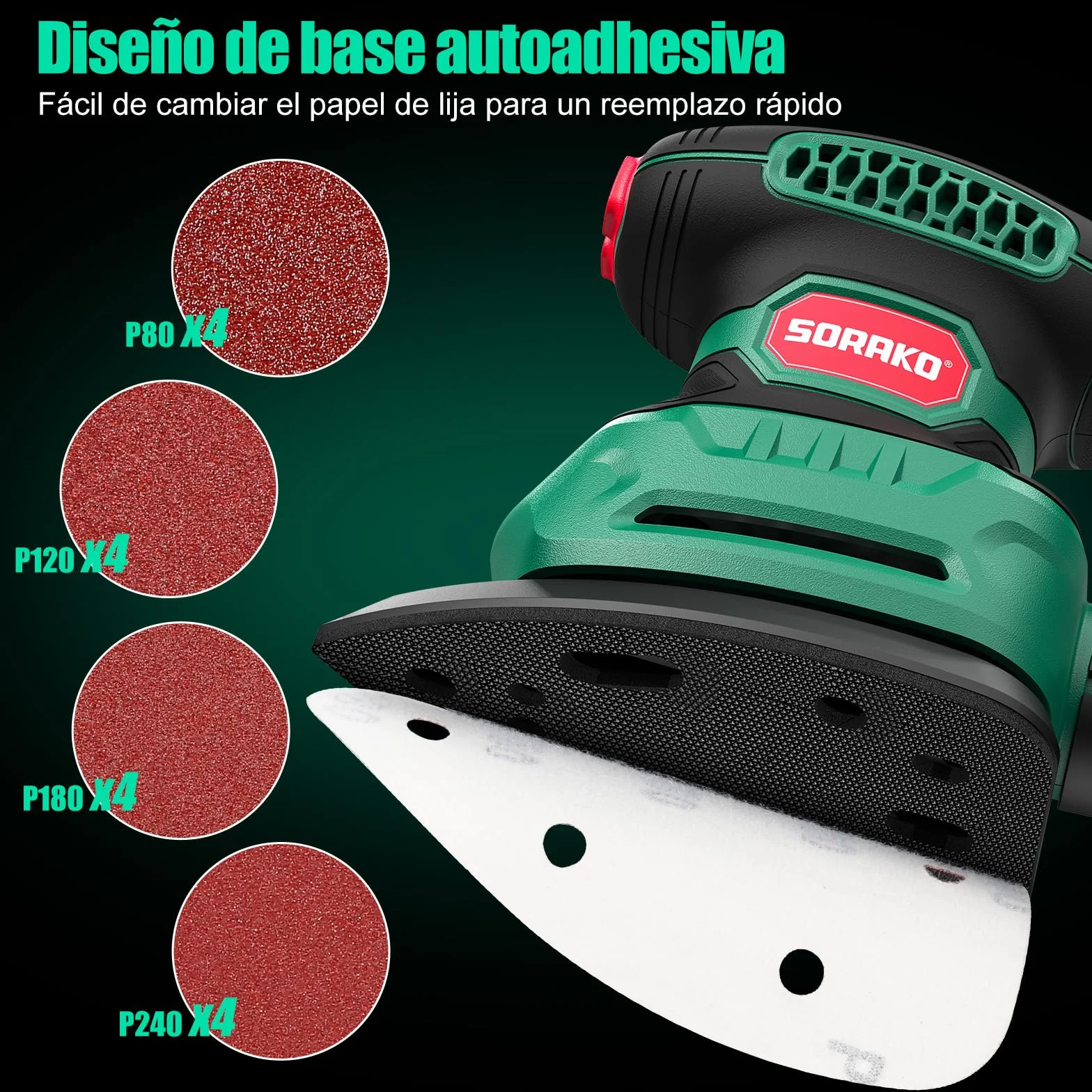 SORAKO Lijadora Madera 220W 14000 OPM Lijadora Electrica Con Bolsa Para Polvo Y 16 Hojas De Lija, Ideal Para Lijar Superficies De Madera Y Acero En Espacios Reducidos