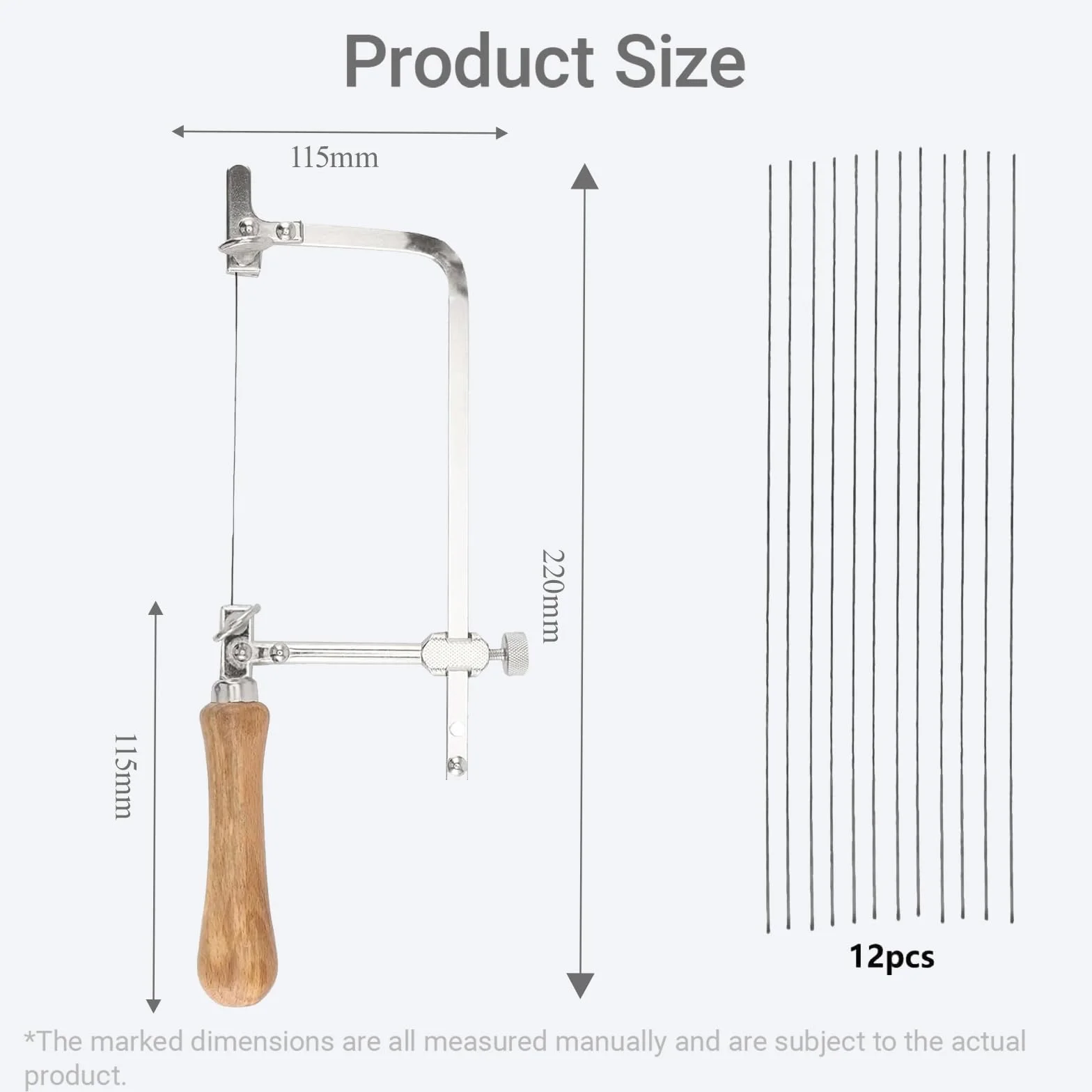 Sierra de marquetería ajustable, joyería, metales, arco y alambre con 12 hojas para madera, cristal, metal