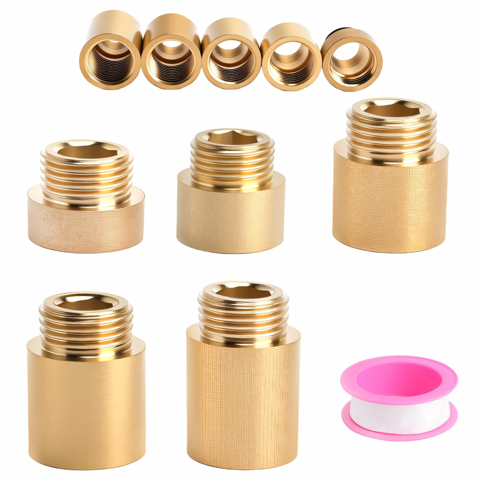 5 Piezas de Extensión para Grifo de 1/2 Pulgada, Extensión para Grifo de Latón, Extensións De 1/2 Pulgada X10 mm/15 mm/20 mm/25 mm/30 mm, para Grifos, Agua Potable, con Cinta de Materia Prima