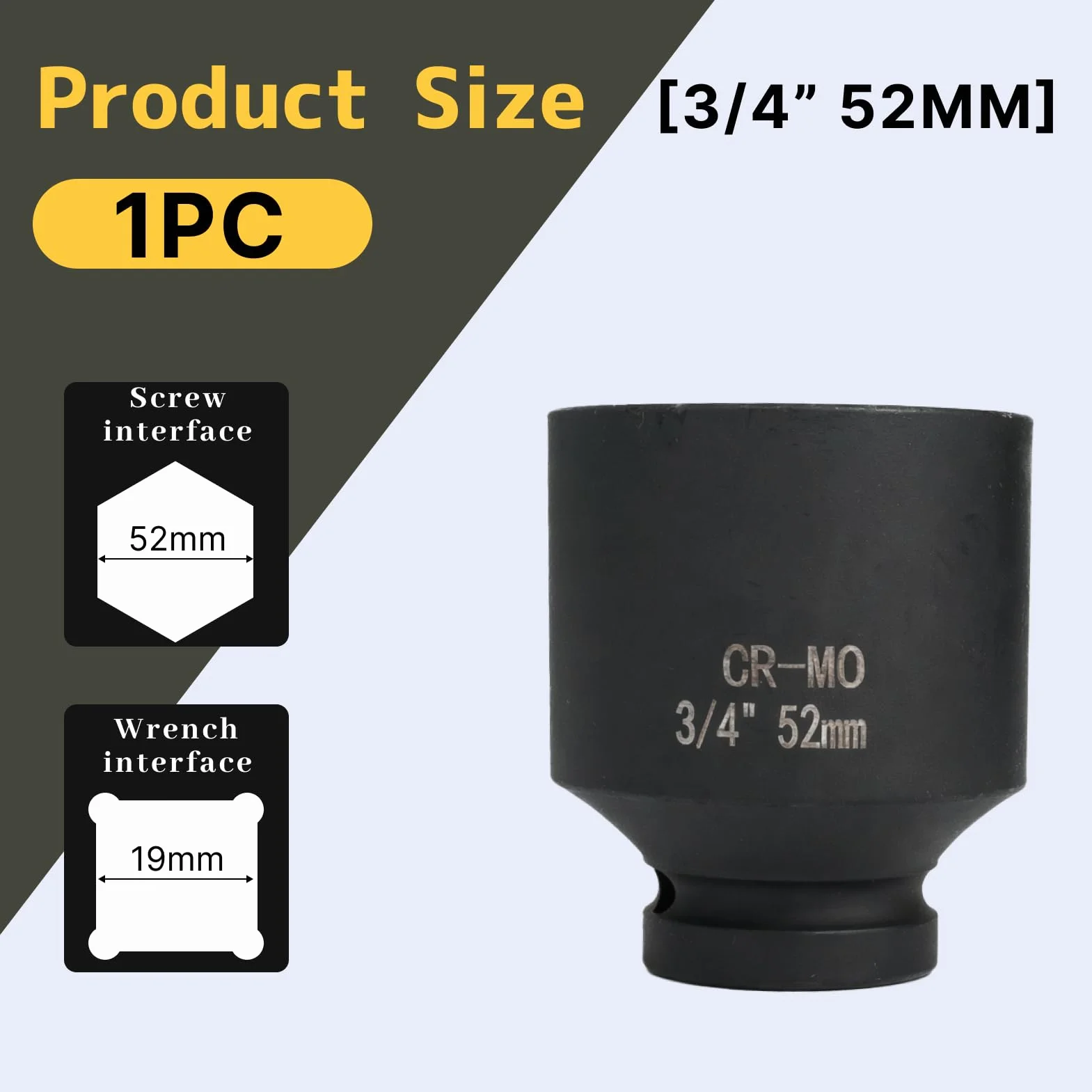 llave vaso 52mm 3/4" 6 caras, llave vaso 52 mm 3/4, acero de cromo y molibdeno, CR - MO (52mm)