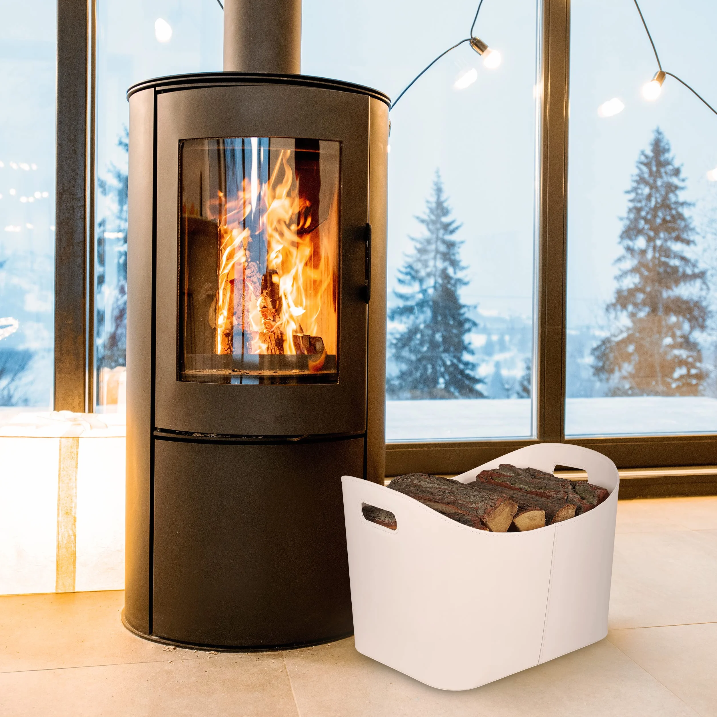 Relaxdays Cesta para Leña Piel Sintética XL, Canasto para Troncos con Asas, para Madera de Chimenea, Blanco Crema