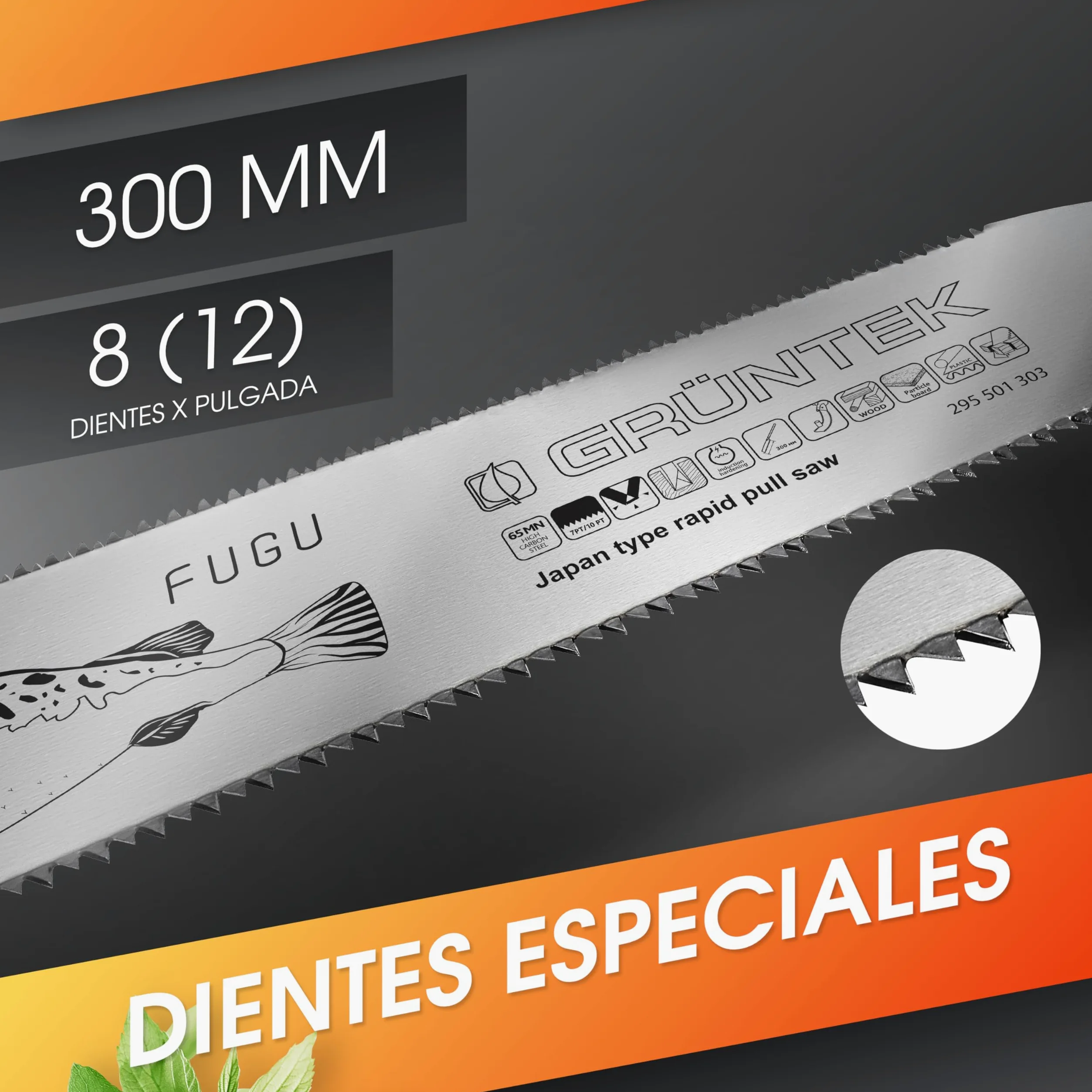 GRÜNTEK Serrucho Japones Sierra Ryoba FUGU 300 mm de corte fino. Serrucho de mano para madera. Hoja dentada en ambos lados.
