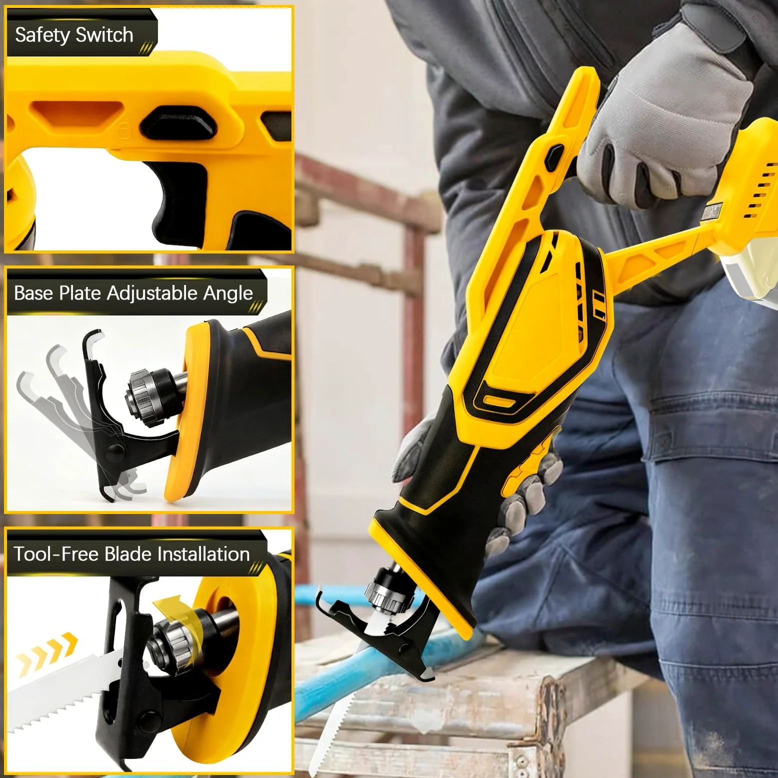 Sierra de sable inalámbrica compatible con batería Dewalt de 20 V | Para trabajos de sierra con madera/acero con 4 hojas de sierra sable, gafas y guantes (sin batería/sin cargador)