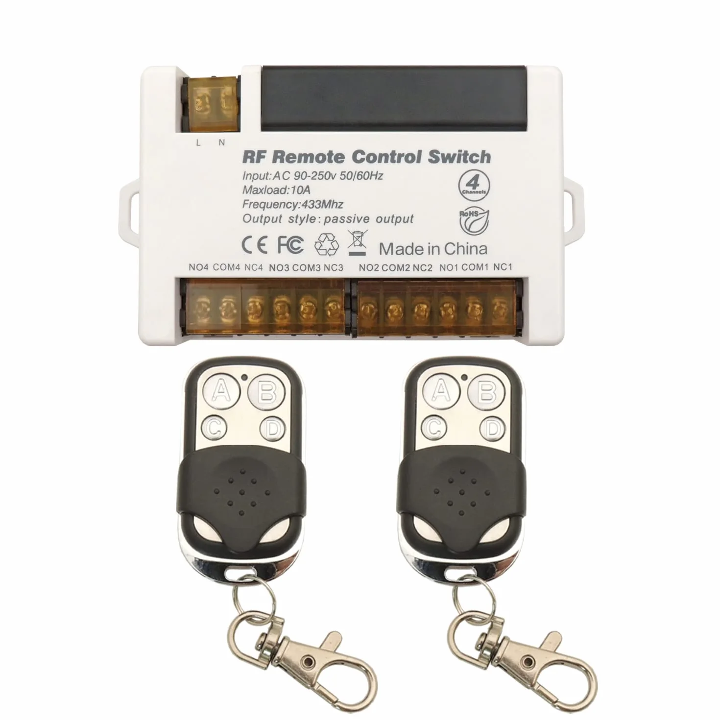 DieseRC Interruptor de mando a distancia de Relé Inalámbrico de 4 Canales 433MHz RF AC 220V 230V 10A Receptor de relé con 2 Control Remoto Transmisores, Terminal Grande Cableado Fácil