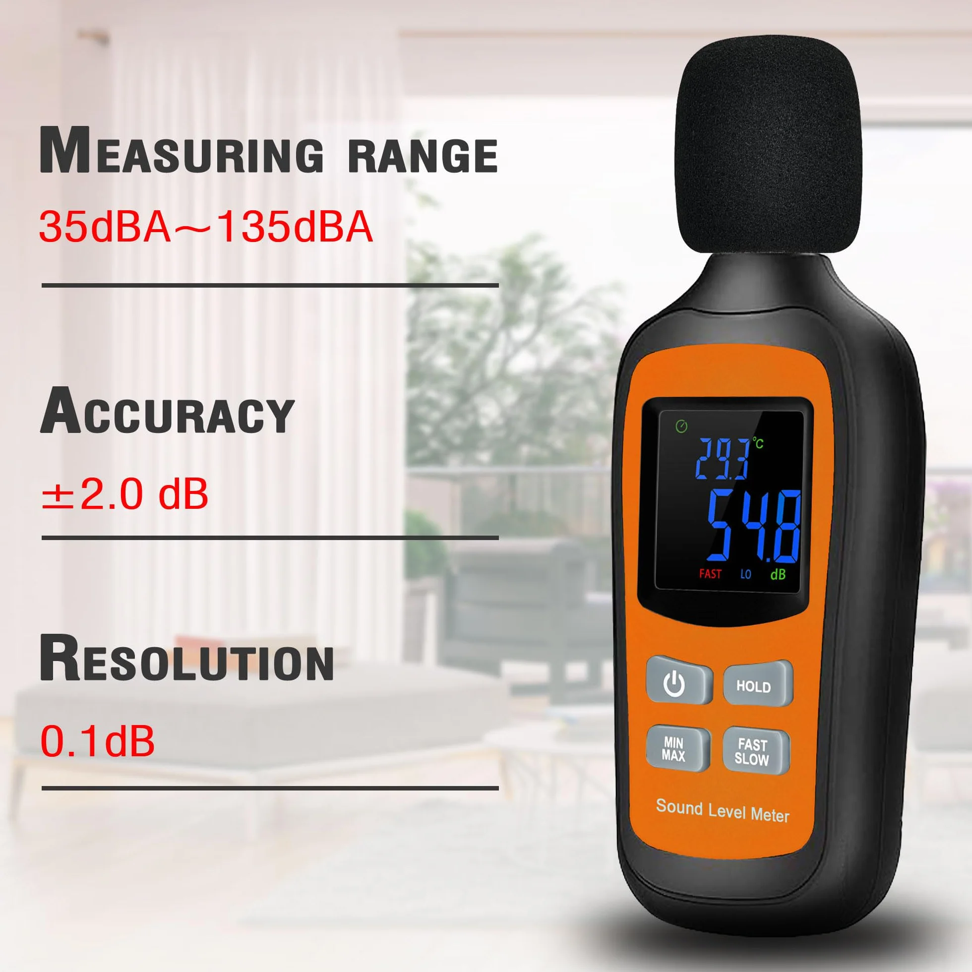 Medidor de decibelios, medidor digital de nivel de sonido SPL, función de temperatura de 35 dB a 135 dB, medidor de ruido con ponderación A [retención de datos rápida/lenta máxima/mínima], uso para el