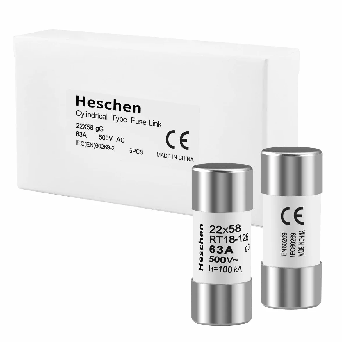 Heschen Eslabón fusible de tubo cerámico cilíndrico RT18-125(RO17) 22x58mm 63A 500VAC gG 5 Unidades