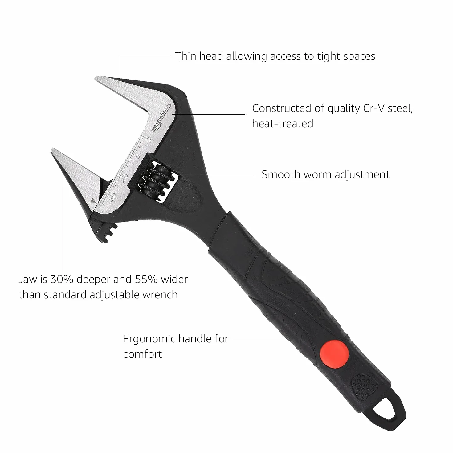 Amazon Basics Llave ajustable para fontaner a con agarre suave, boca ancha, incluye: 6in (150mm), 8in (200mm),10in (250mm),12in (300mm), Paquete de 4 tamaños