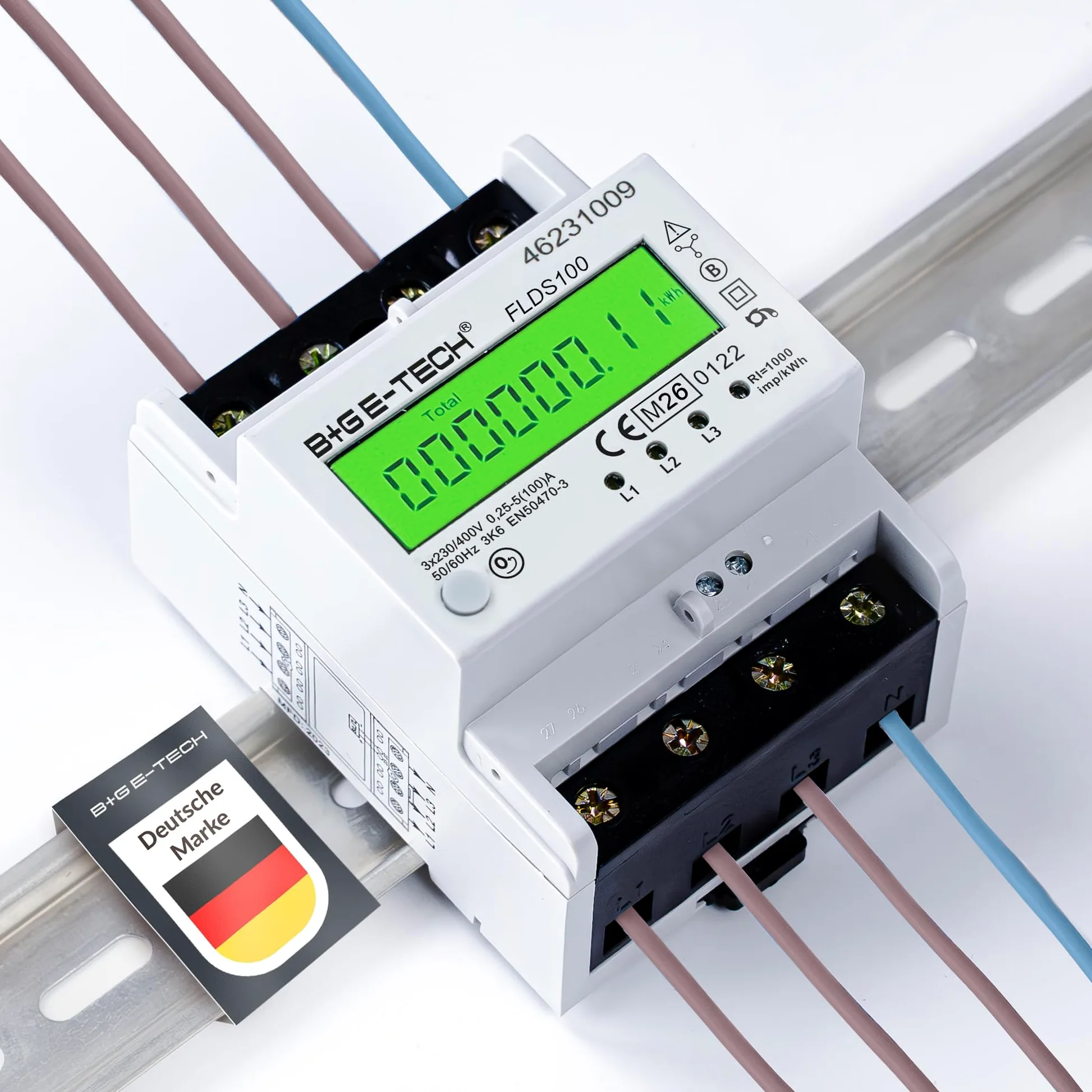 FLDS100 MID 24 - Contador de corriente trifásica de 3 fases para carril TS35, calibrado MID, medidor de corriente trifásica digital LCD con S0, 100 A, 400 V