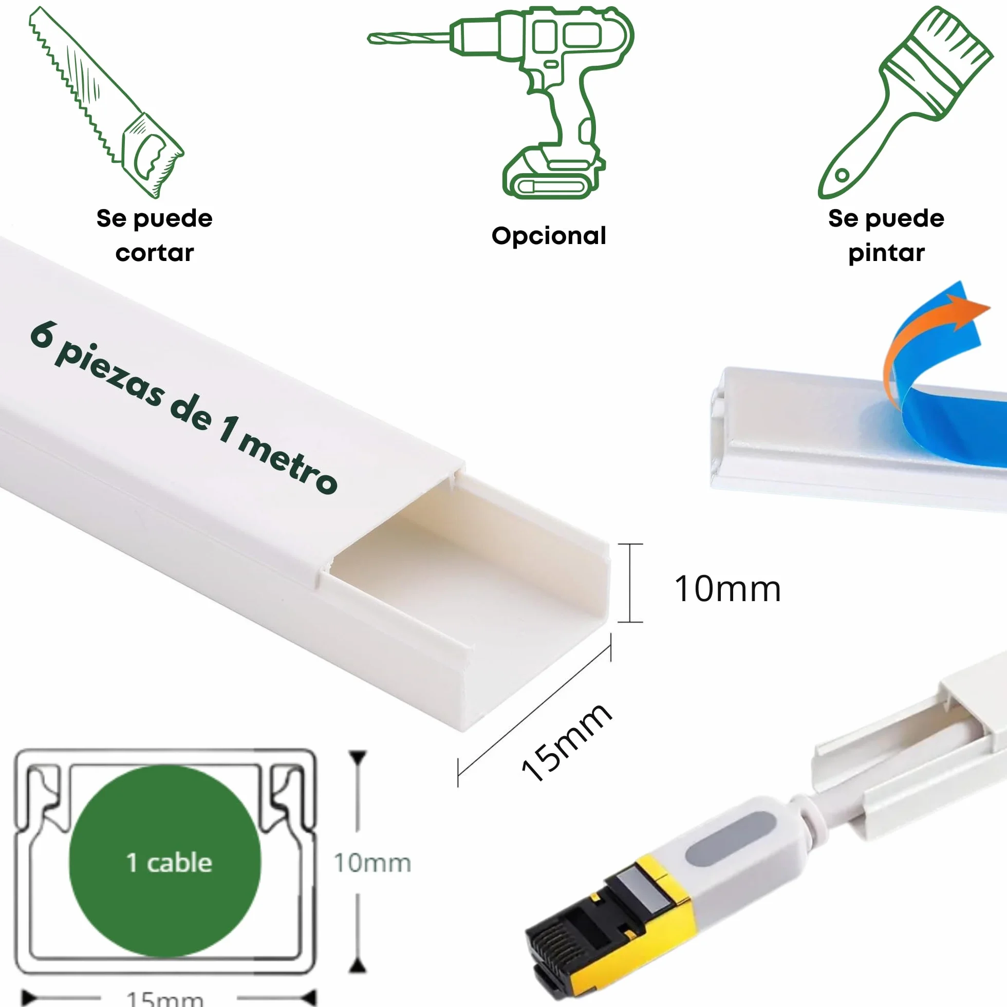 Canaleta Cables Pared Adhesivo 6x1metro (15x10mm) Blanco 10 Accesorios