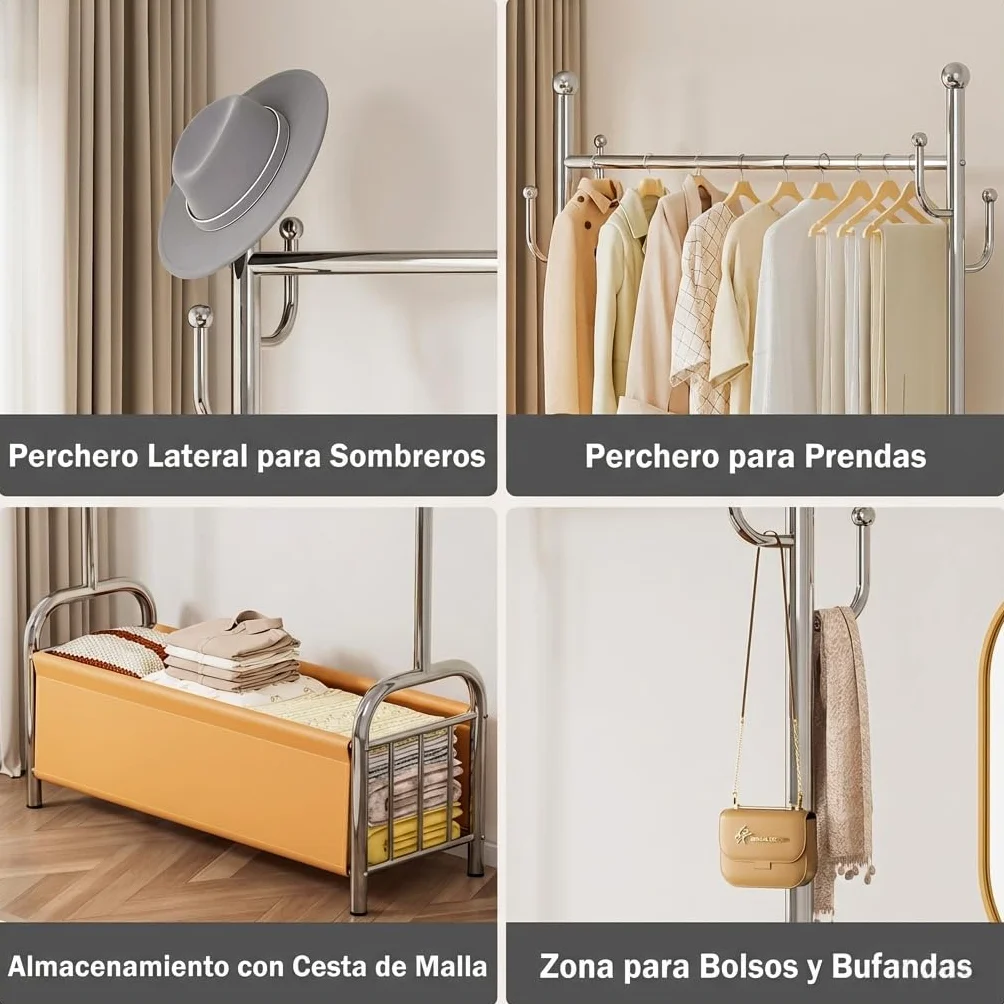 Burro Ropa Acero Inoxidable con Cesta Almacenaje, Perchero Estable Pie, 3 en 1 Tendedero Organizador