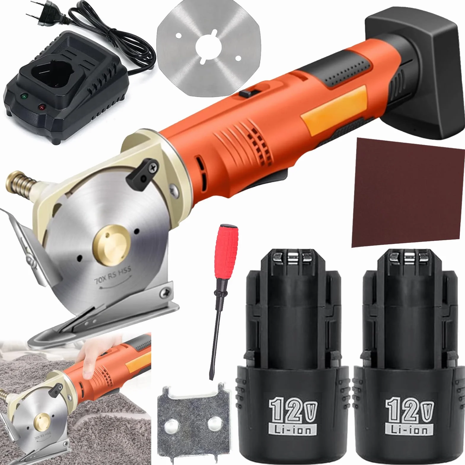 Cortadora Cartón, Cortadora Tela Eléctrica Inalámbrica 2*2000 Mah Batería 12V 240W Tamaño Cuchilla 70 Mm 25 Mm Grosor Máximo Corte Incluye 2 Cuchillas Repuesto (3 En Total) Para Tela Alfombra Y Tela