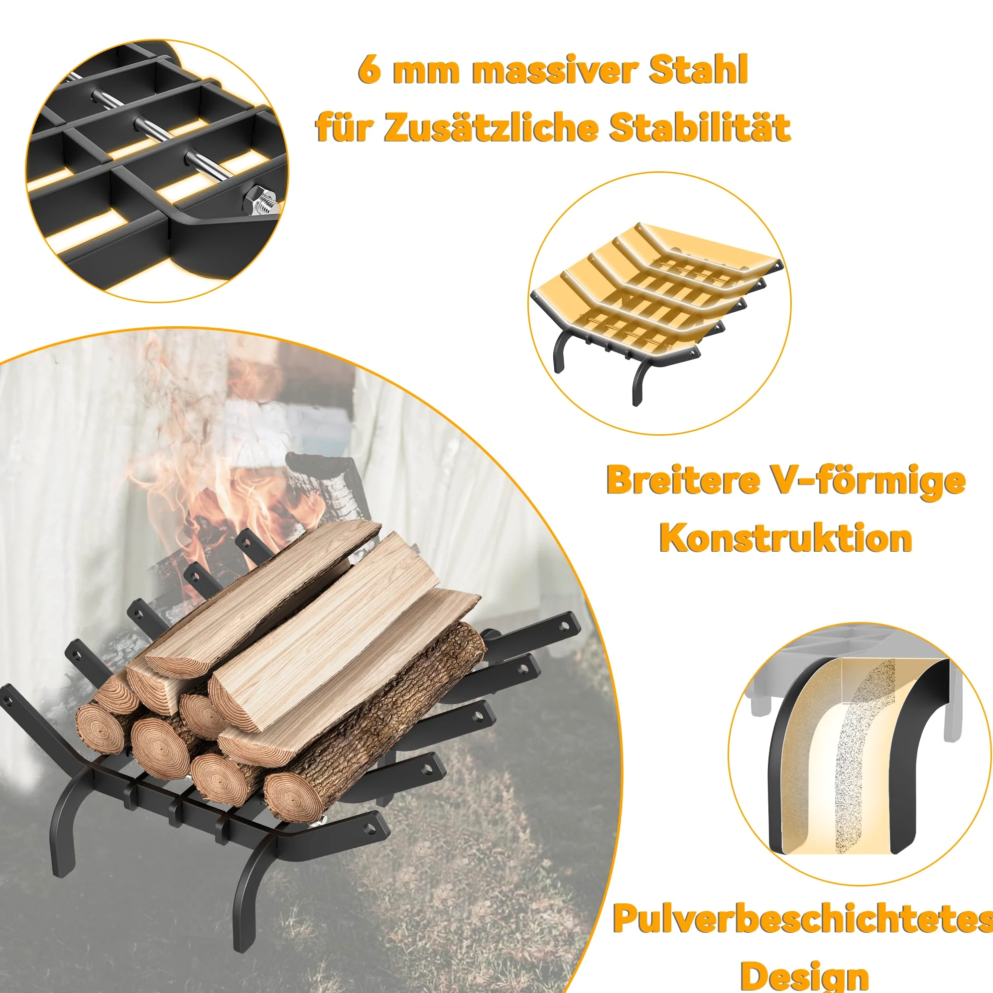 Froadp Parrilla para leña de chimenea Parrilla robusta para chimenea de acero rico en carbono Parrilla de fuego para chimenea leña leña de chimenea soporte para madera con pies soporte para leña para
