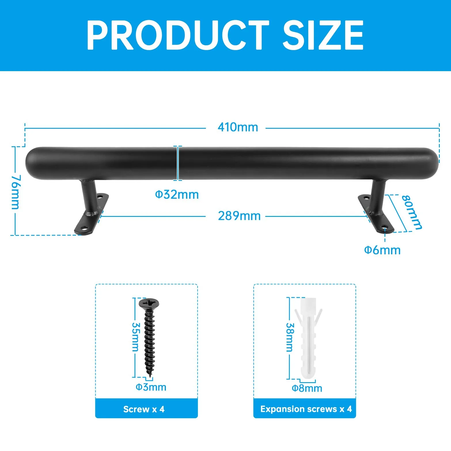 Pasamanos negro con recubrimiento en polvo 41cm Barandilla metálica para interior/exterior Ø32mm – Asidero de seguridad para garaje, sótano, terraza, escaleras, barandillas – Interior/exterior