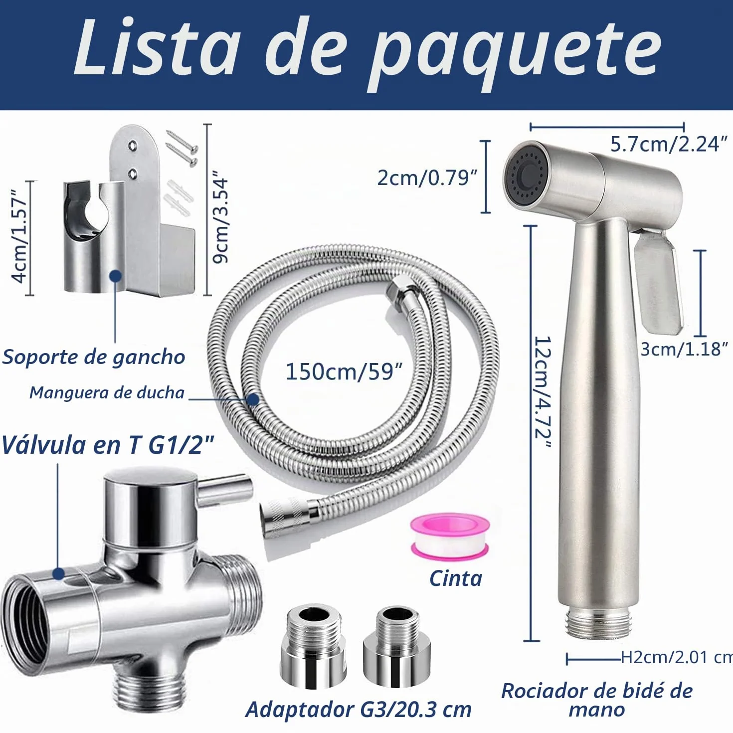 Vaporizador de baño ducha de mano bidé de acero inoxidable con válvula de 3 vías (1/2"-3/8") perfecta para higiene personal, cuidado de limpieza