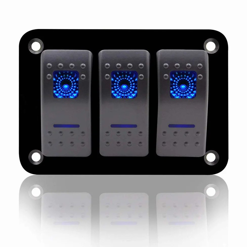 Geloo Panel de Interruptores de 3Gang Universales de Aluminio de 12V Interruptor Basculante Precableado 5 pines Encendido/Apagado Azul LED Retroiluminados