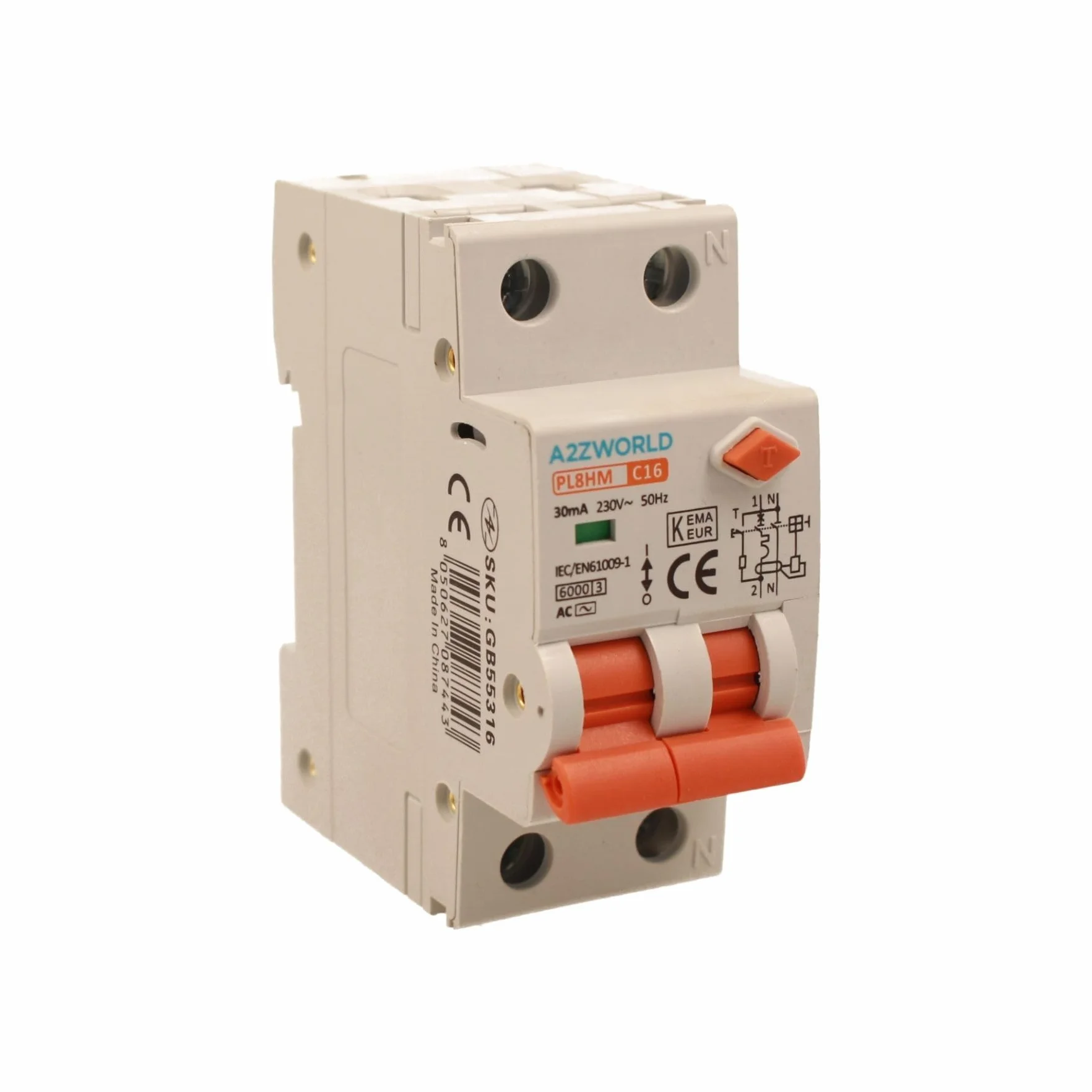 Interruptor diferencial magnetotérmico 16 A C16, RCBO Tipo AC Curva C, 1P+N 6 kA 30 mA, doble palanca con diagnóstico visual, 2 módulos DIN, serie PL8HM electromagnética