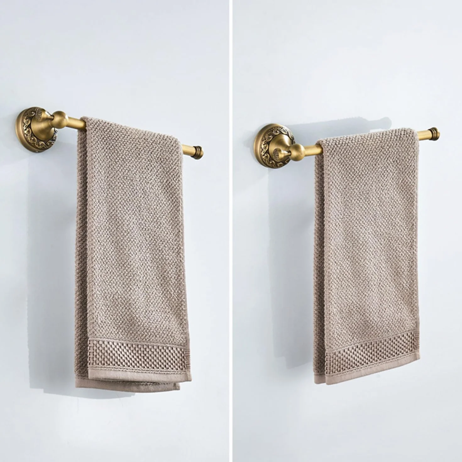 Flybath Toallero abierto de latón envejecido con patrón tallado, soporte para toallas de baño, montaje en pared, bronce cepillado