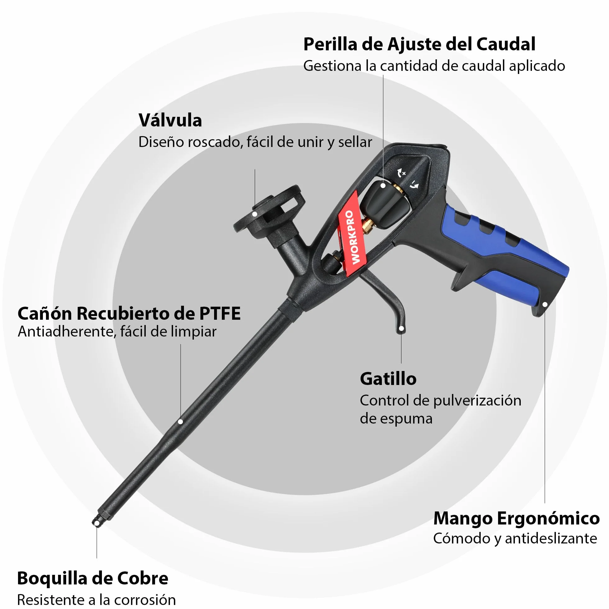 WORKPRO Pistola Espuma Poliuretano,Pistola para Espuma Profesional, Pistola Poliuretano Recubierta de PTFE, Pistola de Espuma con Boquilla de Cobre, Rellenar y Sellar Proyectos de Bricolaje