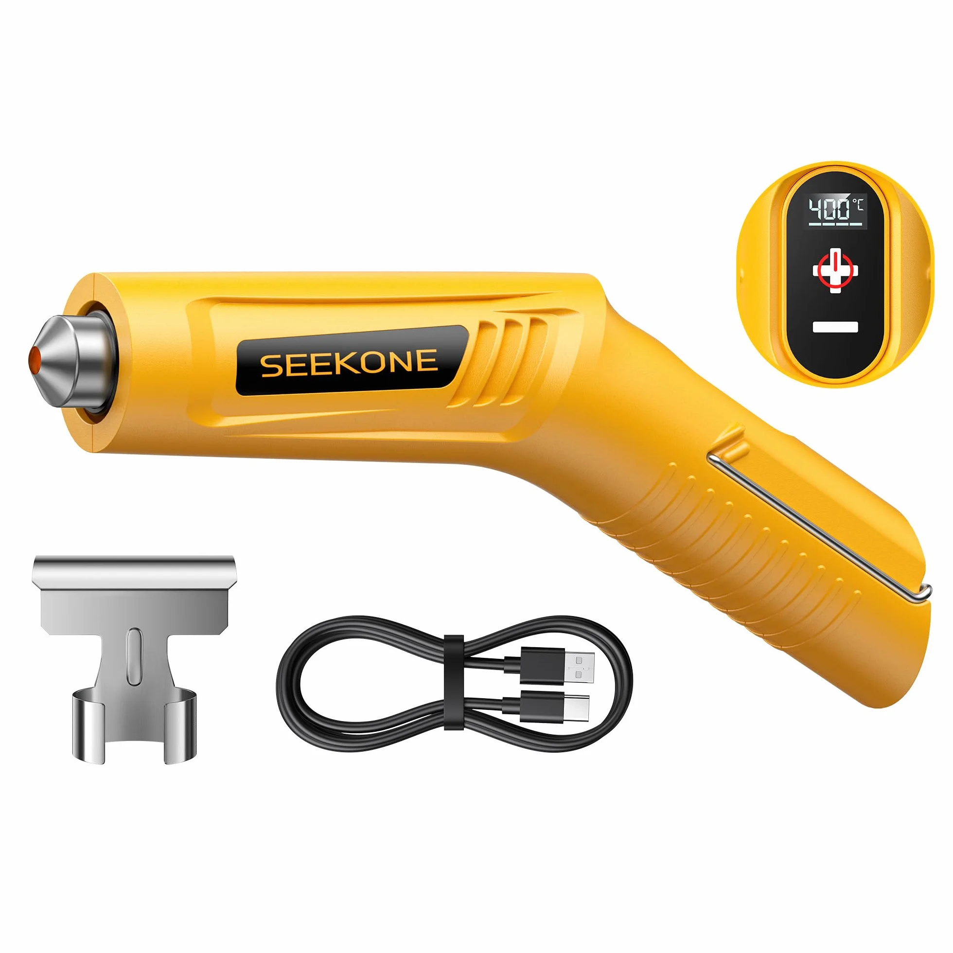 SEEKONE Mini Pistola de Calor Inalambrica, 4 Temperatura (Máx. 400 °C) con Función de Memoria, Pistola de Aire Caliente Batería de Litio 3,6 V, Carga USB, con Boquilla Reflectora, para Manualidades