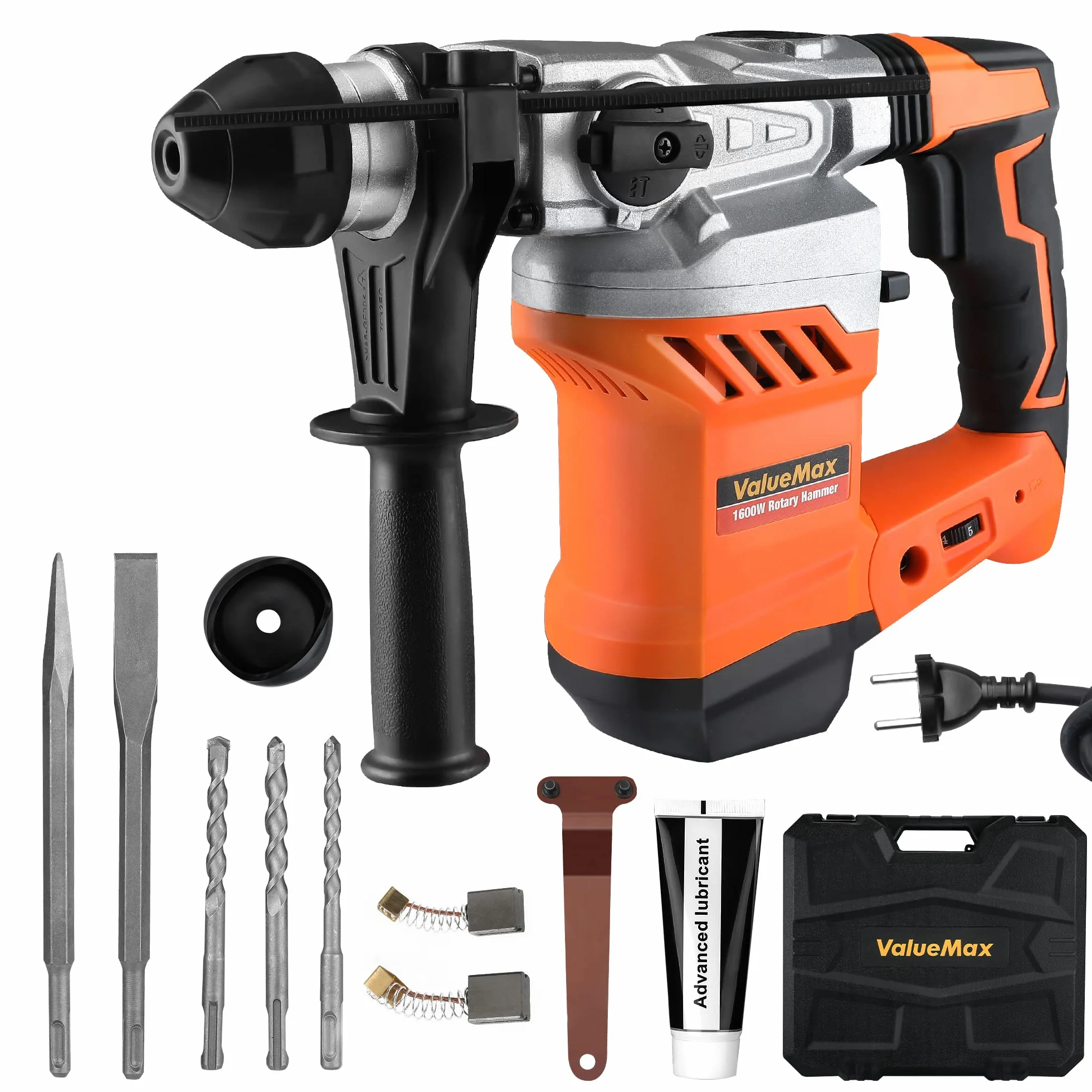 ValueMax Martillo Perforador 3 en 1, Martillo Electrico de 1600W, 0-800rpm, 3 modos y 4 velocidades variables，incluye 3 brocas para martillo perforador SDS Plus, para Hormigón, Metal y Piedra