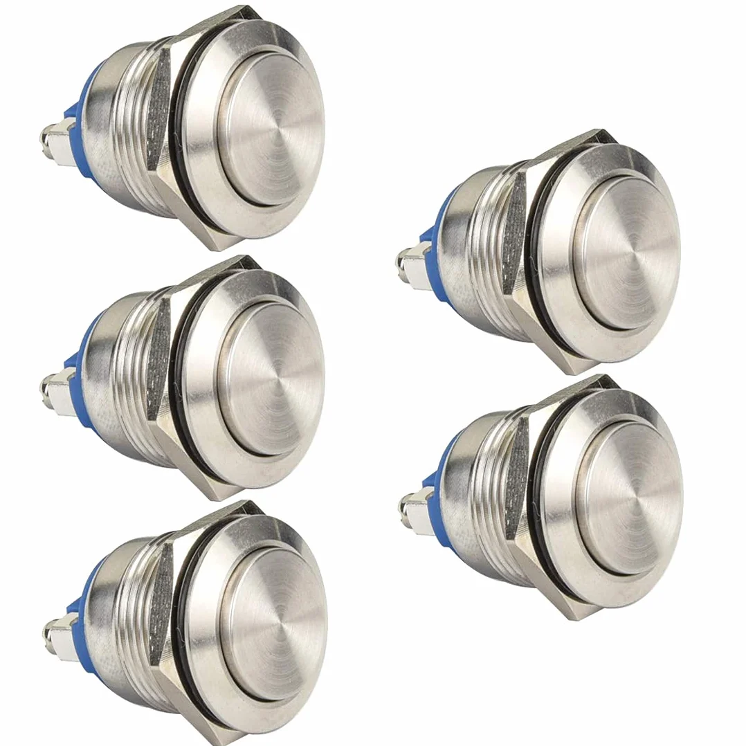 GUUZI 5pcs Pulsadores Momentáneos Impermeables de 22mm 5A 12V/24V/125V/250VAC con Terminales de Tornillo, Pulsador de Acero Inoxidable (Cabeza Alta)