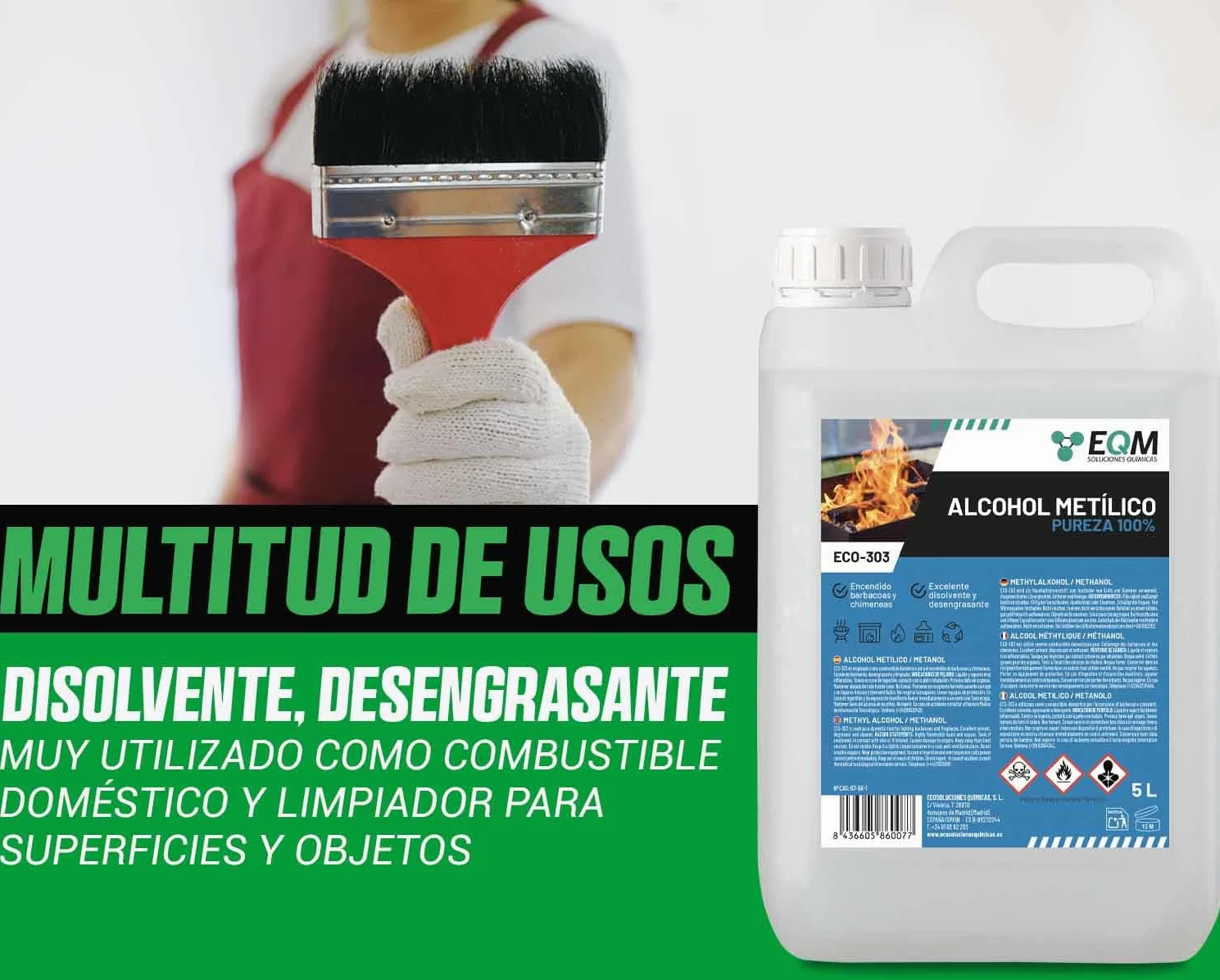 EQM - ECO-303 - Alcohol Metílico 99% Pureza - Metanol - 5L - Combustible de chimeneas y barbacoas - Disolvente industrial, desengrasante y limpiador de superficies