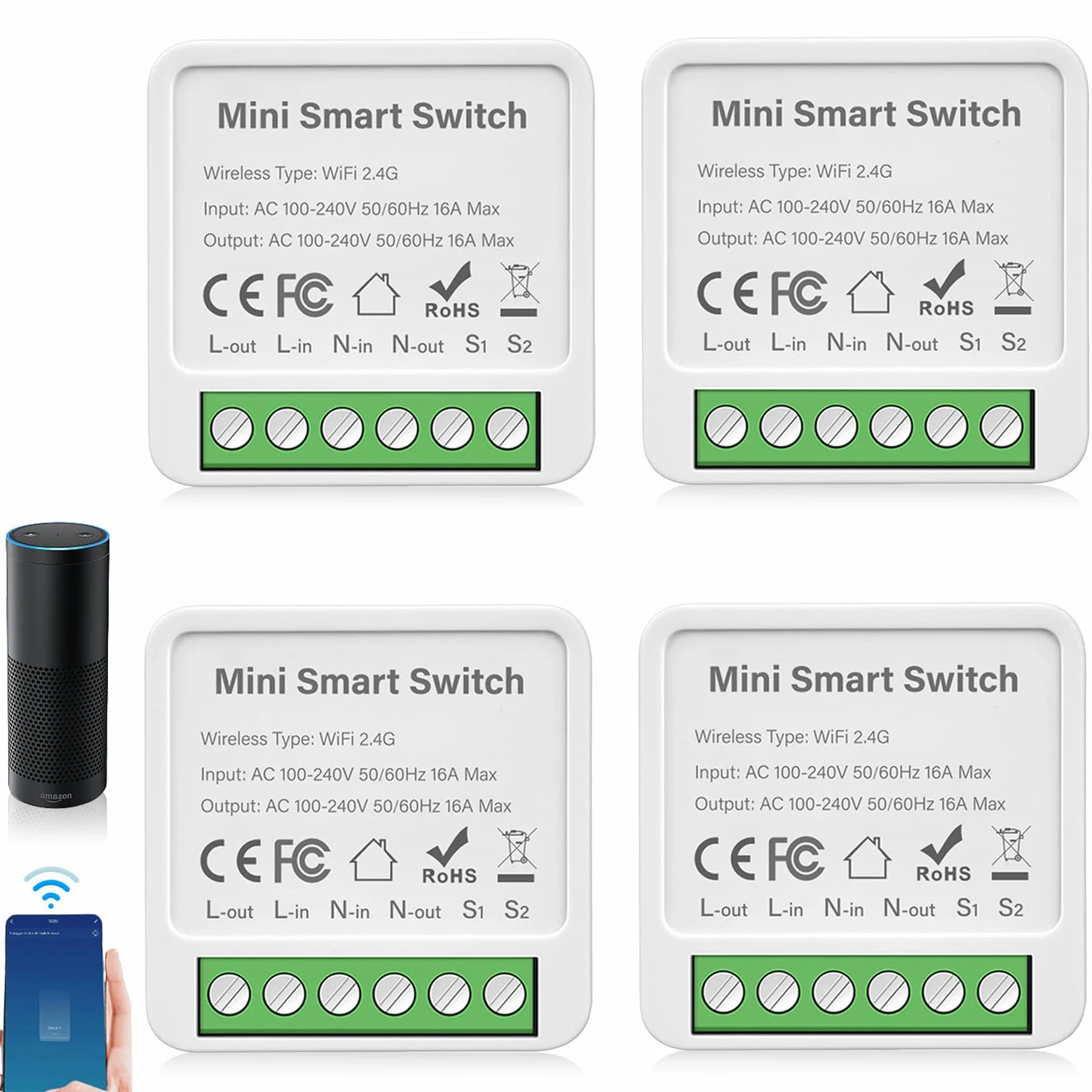4 módulos de interruptor de luz inteligente de 2 vías, interruptor Smart Life, wifi mini interruptor de relé, interruptor de luz inteligente para el hogar, compatible con Google Assistant y Alexa