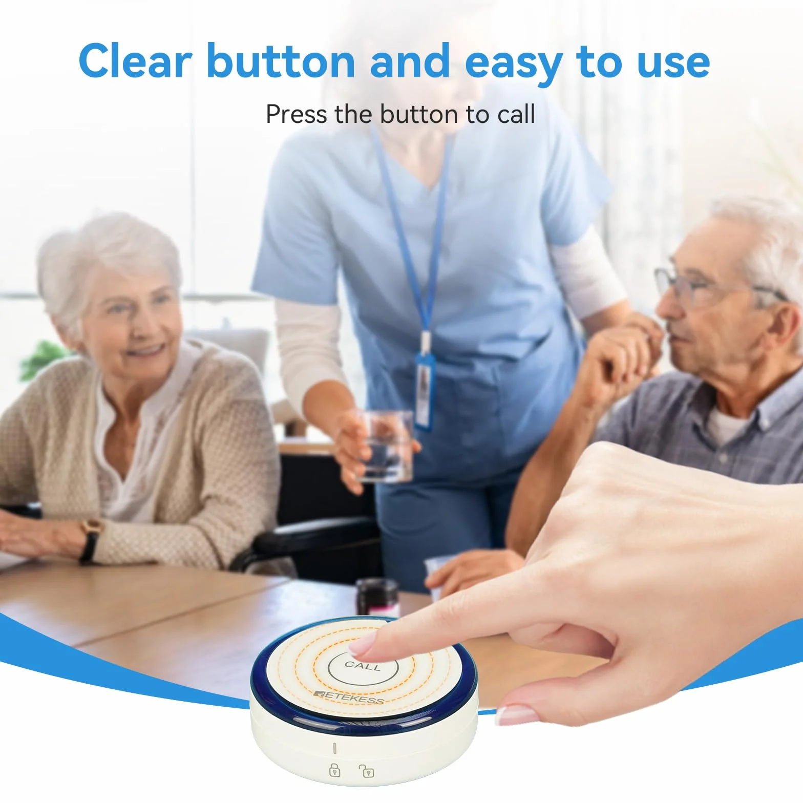 Retekess TH012 Botón de Llamada SOS Inteligente WiFi, Buscapersonas para Cuidadores, 2 Meses de Tiempo de Espera,1 Botón de Llamada para Personas Mayores, Pacientes Discapacitados