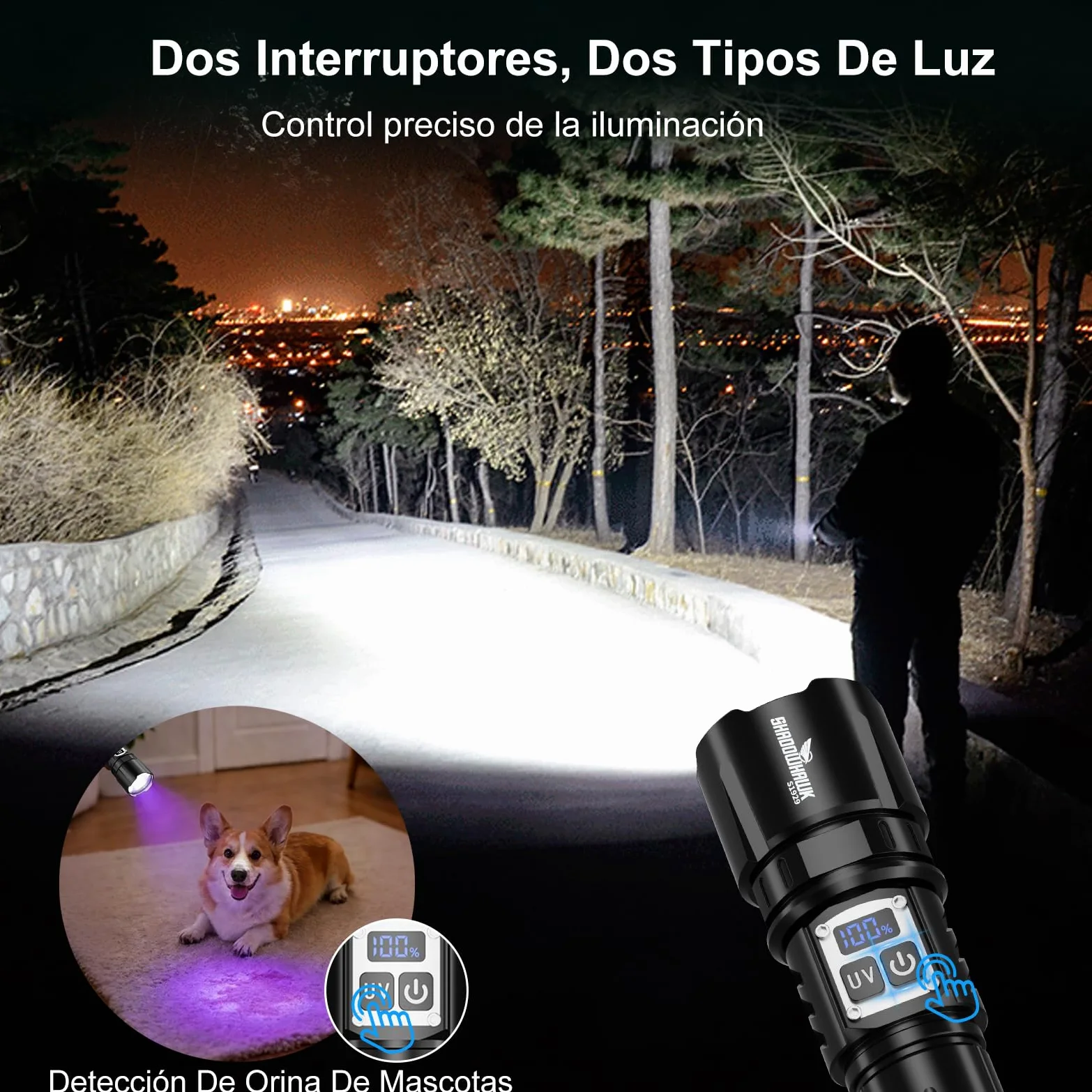 Shadowhawk 2-En-1 Linterna LED Alta Potencia Interruptor Doble 1000000 LM | Ajustar Del Brillo,Linterna Super Potente,Hasta 1000m,Luz Linterna UV para Camping/Emergencias/Detección De Orina De Mascotas