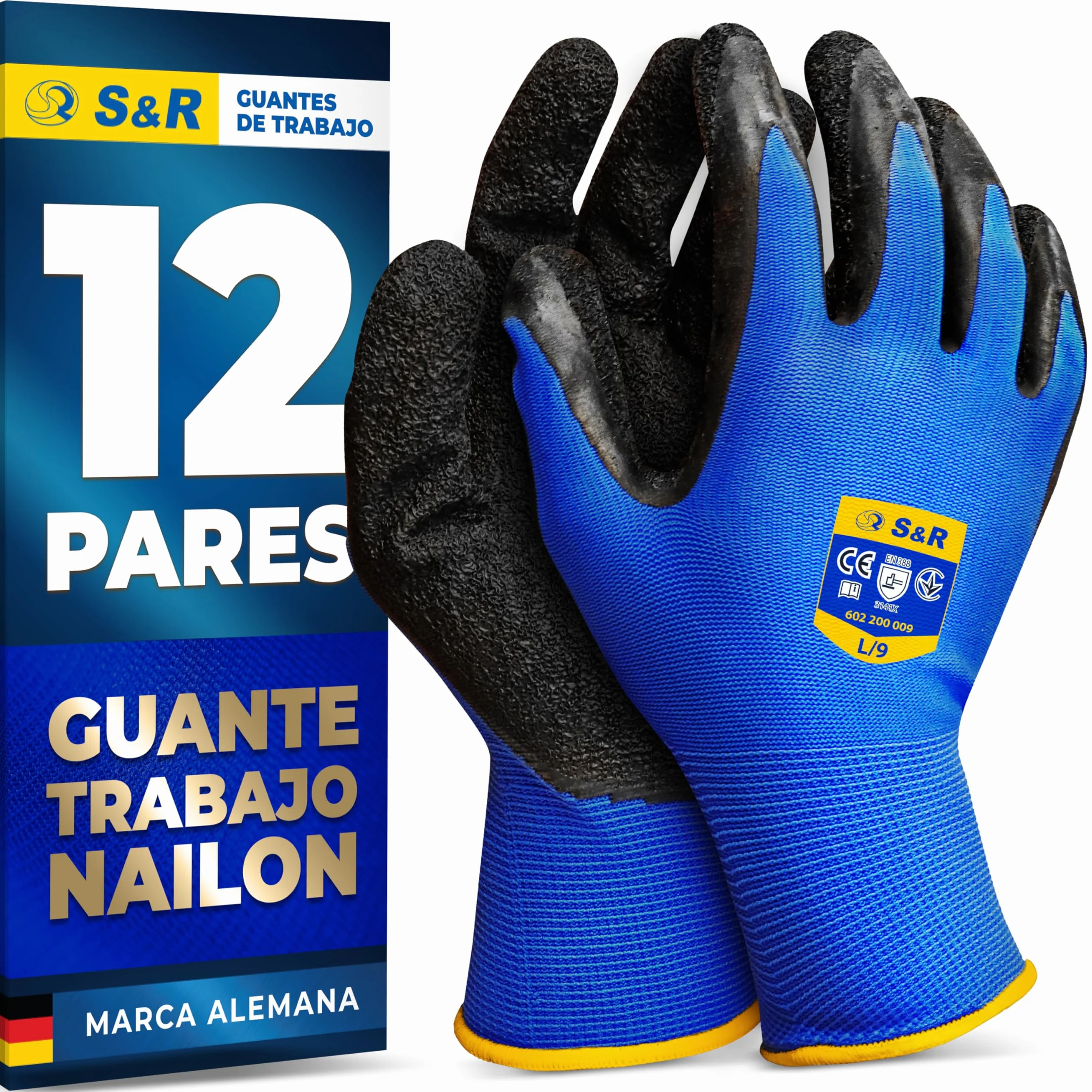 S&R Guantes de Trabajo Hombre Talla L 9 Nylon y Latex 12 Pares