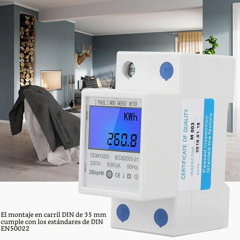 Contador de Energía Digital, 5-80A DDM15SD LCD Luz de Fondo Pantalla Digital Medidor de KWh de Energía Electrónica Monofásico