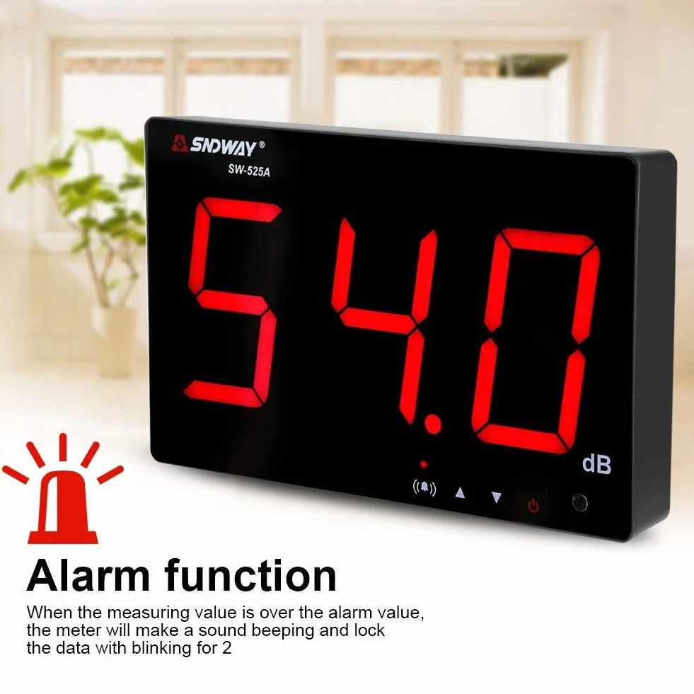 Medidor de nivel de sonido, 30~130db Pantalla LCD de 9,6" Probador de medición de ruido de decibelios para colgar en la pared con alarma(SW-525A)