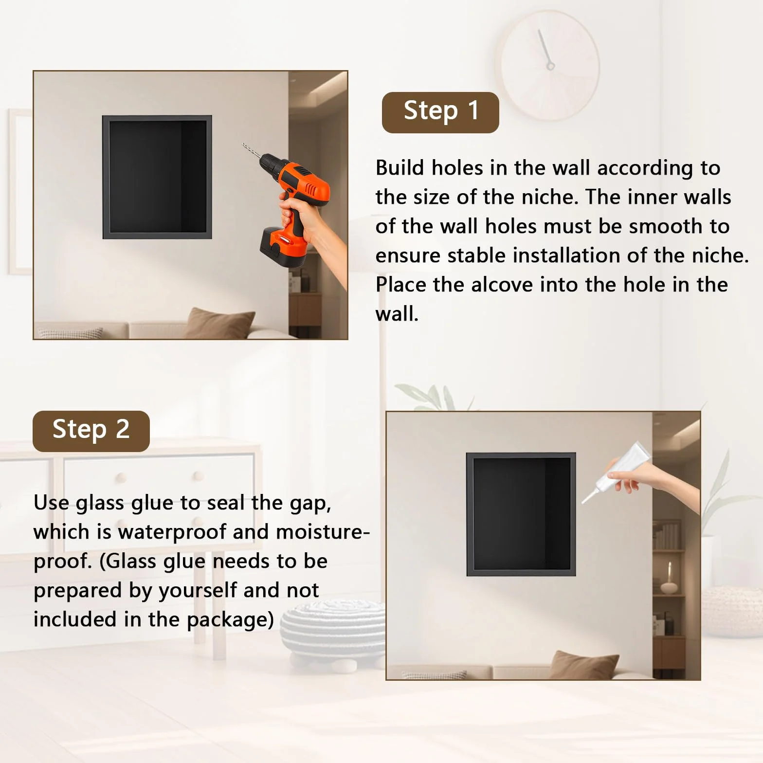 Nicho de ducha negro 320 x 320 x 125 mm, inserto de pared de acero inoxidable, bandeja impermeable, organizador de almacenamiento