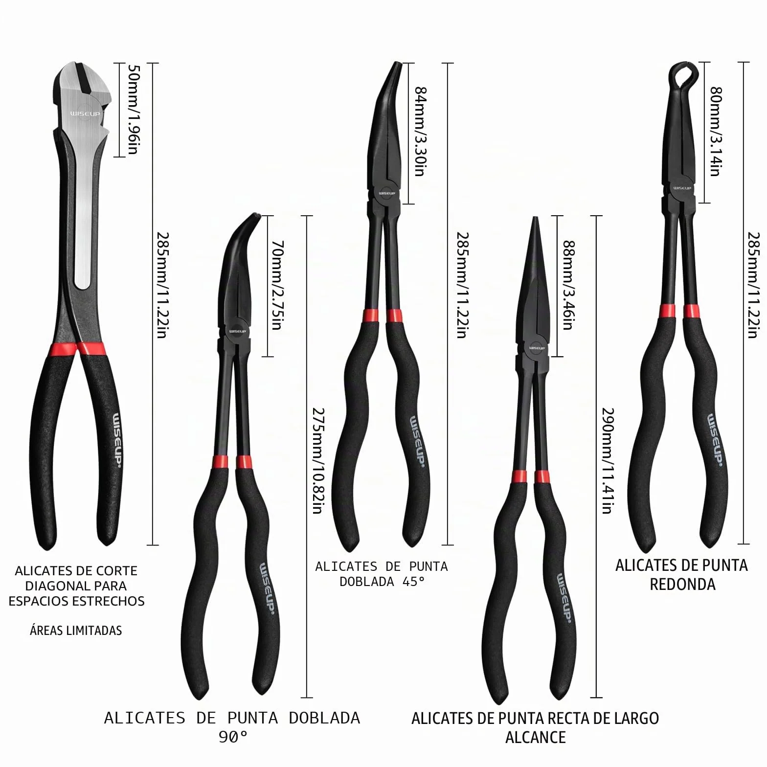 WISEUP 5Pcs Juego de Alicates de Punta Larga, Acero al Carbono Premium, Alicates Rectos 11" Alcance Largo y Diagonal para Espacios Estrechos