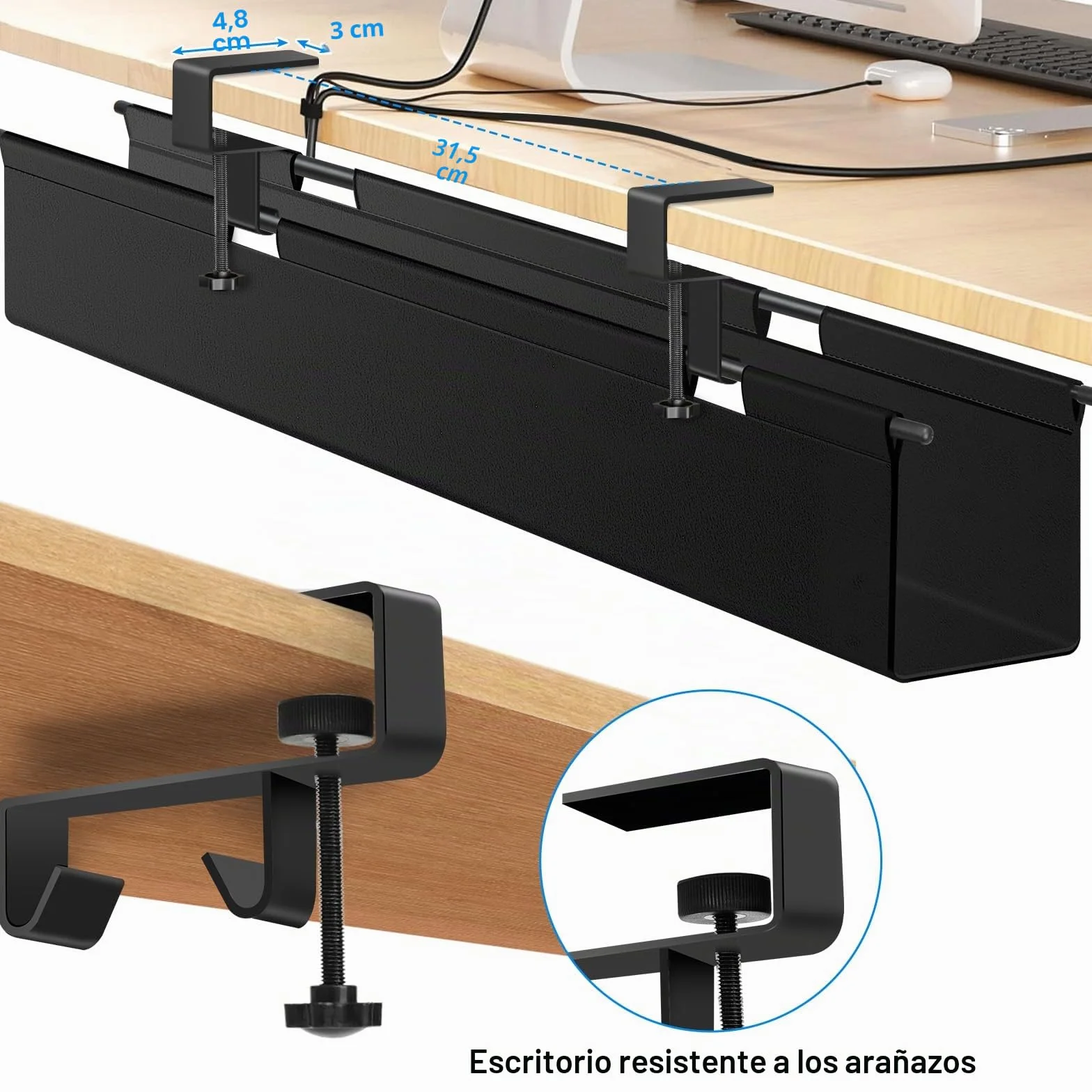 Bandeja Cables Escritorio, Acabado Flexible De La Mesa De GestióN De Cables Sin PerforacióN De 70cm, InstalacióN De Pinzas Sin PerforacióN, Impermeable Estable, Adecuada Para Oficinas Y Hogares