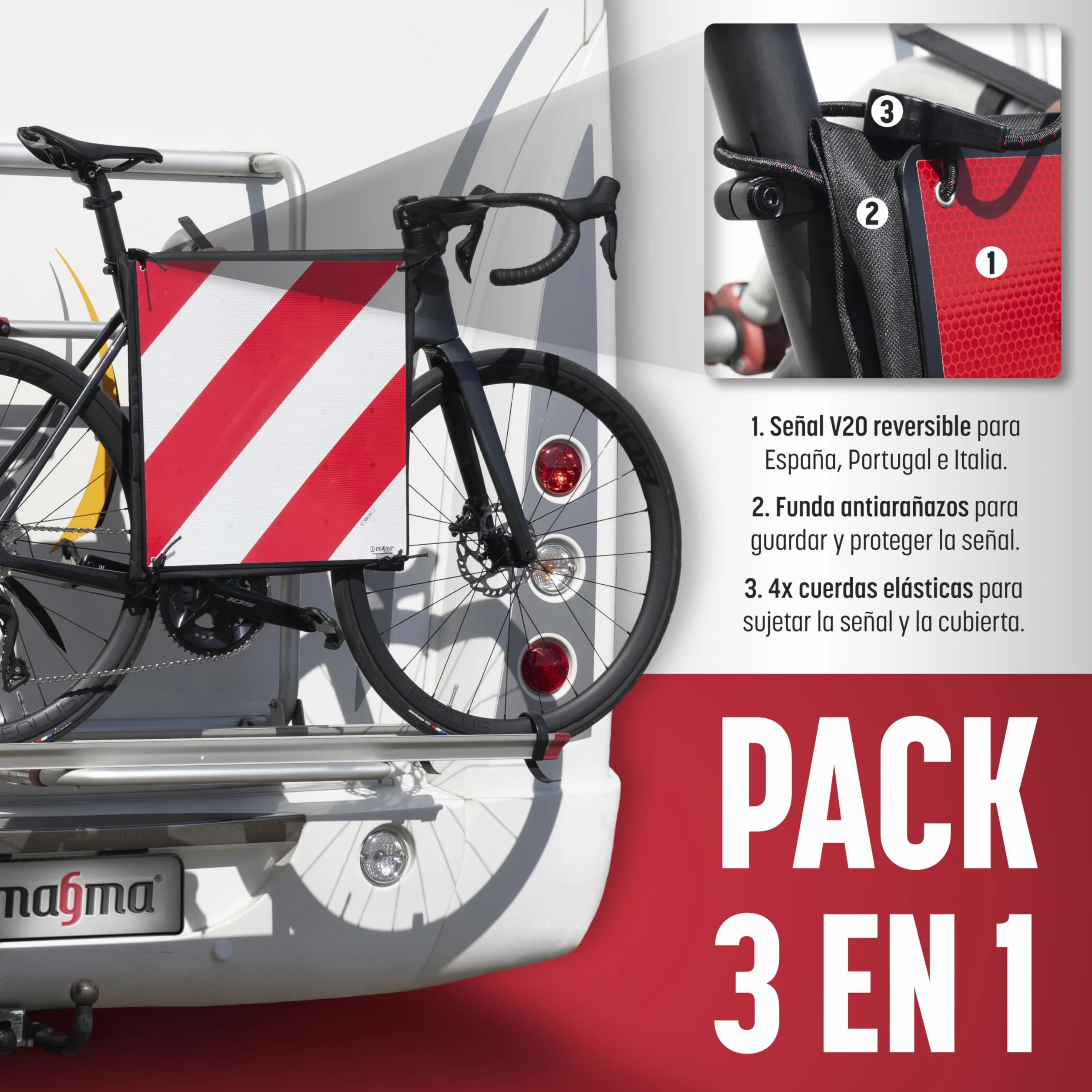 MAGMA Pack Señal V20 Española e Italiana Homologada + Pulpos + Funda, Placa V20 Portabicicletas y Carga Saliente, Flexible y con Protección Anti Arañazos Protege tu Bicicleta o Bici NO Raya