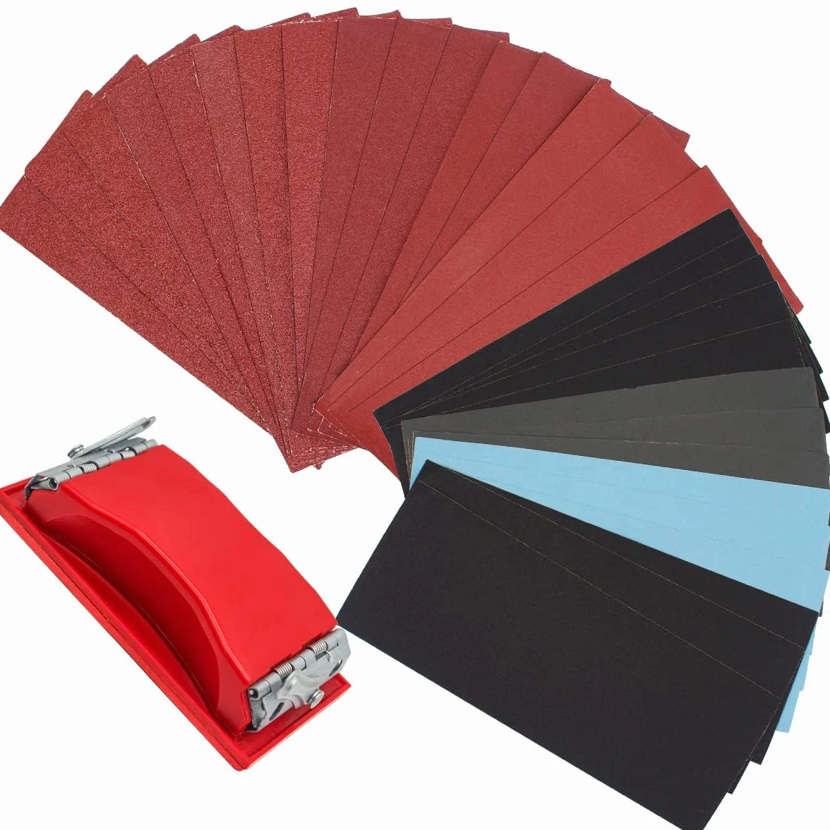 Papel de lija+ Bloque de lijado,40 a 400 Grit Agua/seca tela abrasiva,600 a 5000 Grit Agua/seca papel abrasivo 91 x 230 mm, Se utiliza para el pulido de metal, madera（45 piezas）