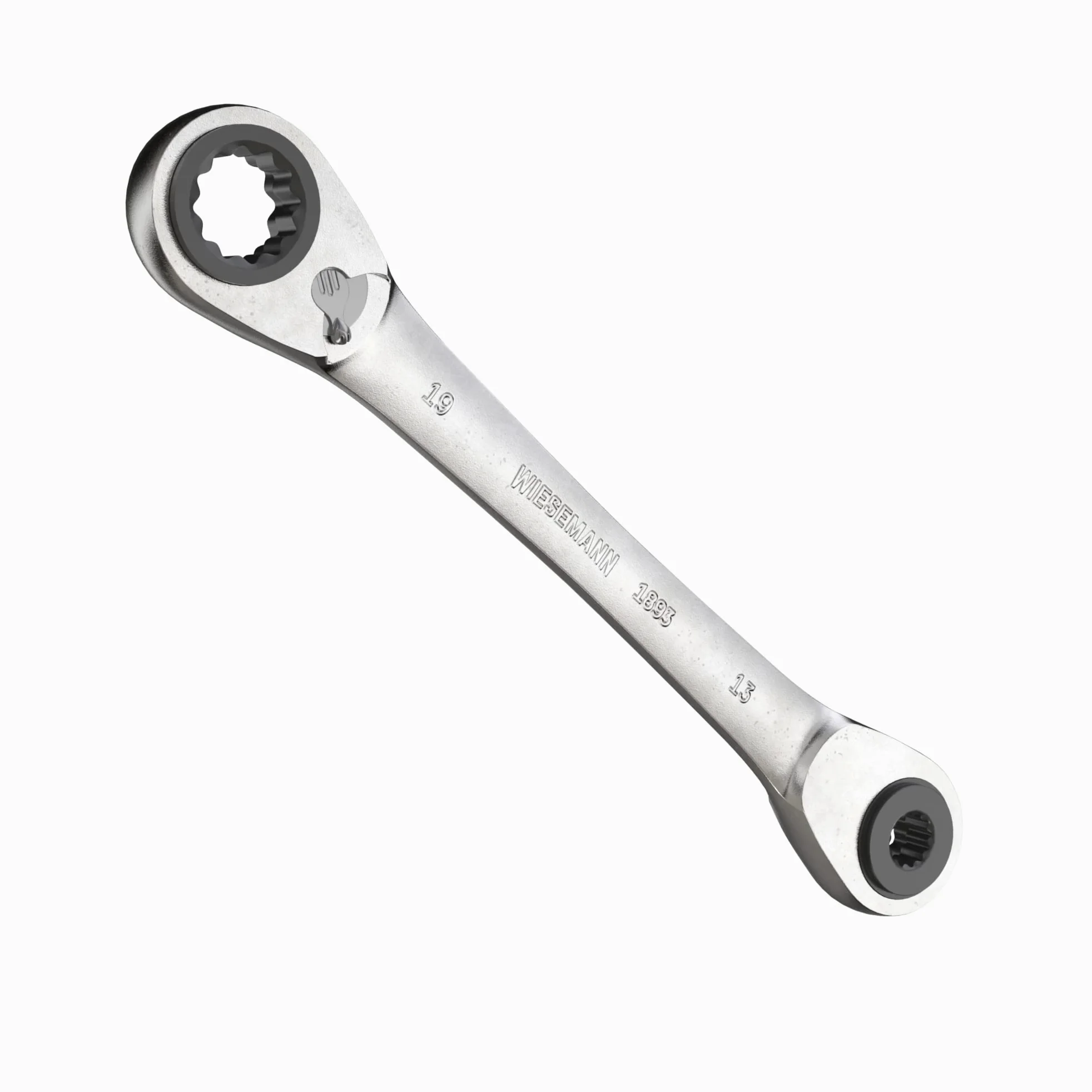 WIESEMANN 1893 Llave de carraca de doble anillo 4 en 1 con los tamaños 10, 13, 17, 19mm y 72 dientes de acero al cromado vanadium CV I Llave de tuerca doble I 81031