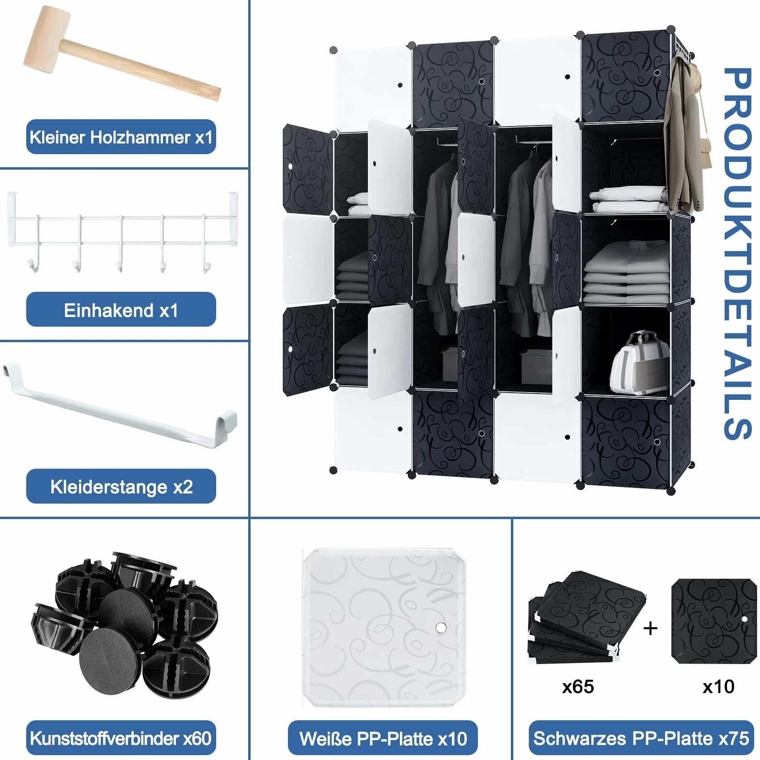 Armario sistema de estanterías con puertas de plástico PP para guardar ropa, libros, 20 cajas con puerta, 2 barras negras