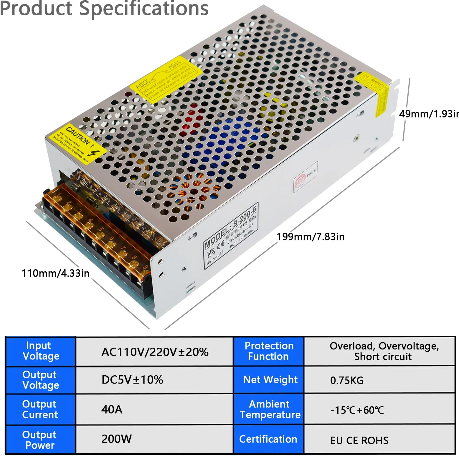 Fuente de Alimentación Conmutada 5V 40A 200W, Transformador AC 110/220V a DC 5V, Convertidor para Pantalla LED, Automatización Industrial y Monitorización