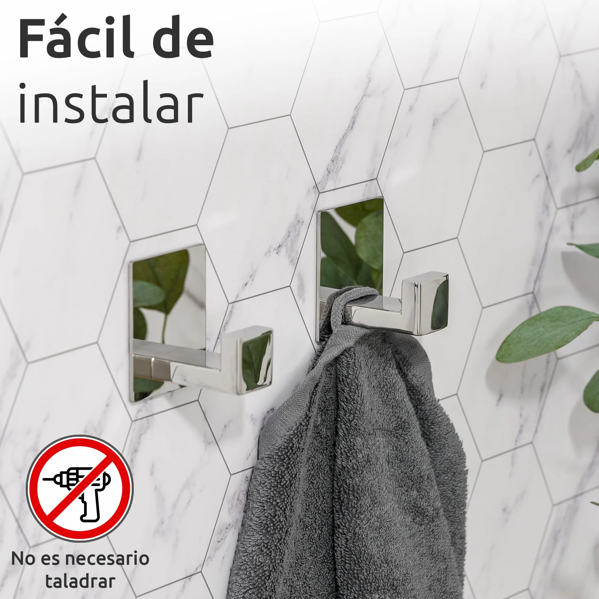 ECENCE Ganchos para Toallas 2x auto-adhesivos sin taladrar cromo soportes para toallas de Acero Inoxidable, ganchos para ropa para pegar en la pared