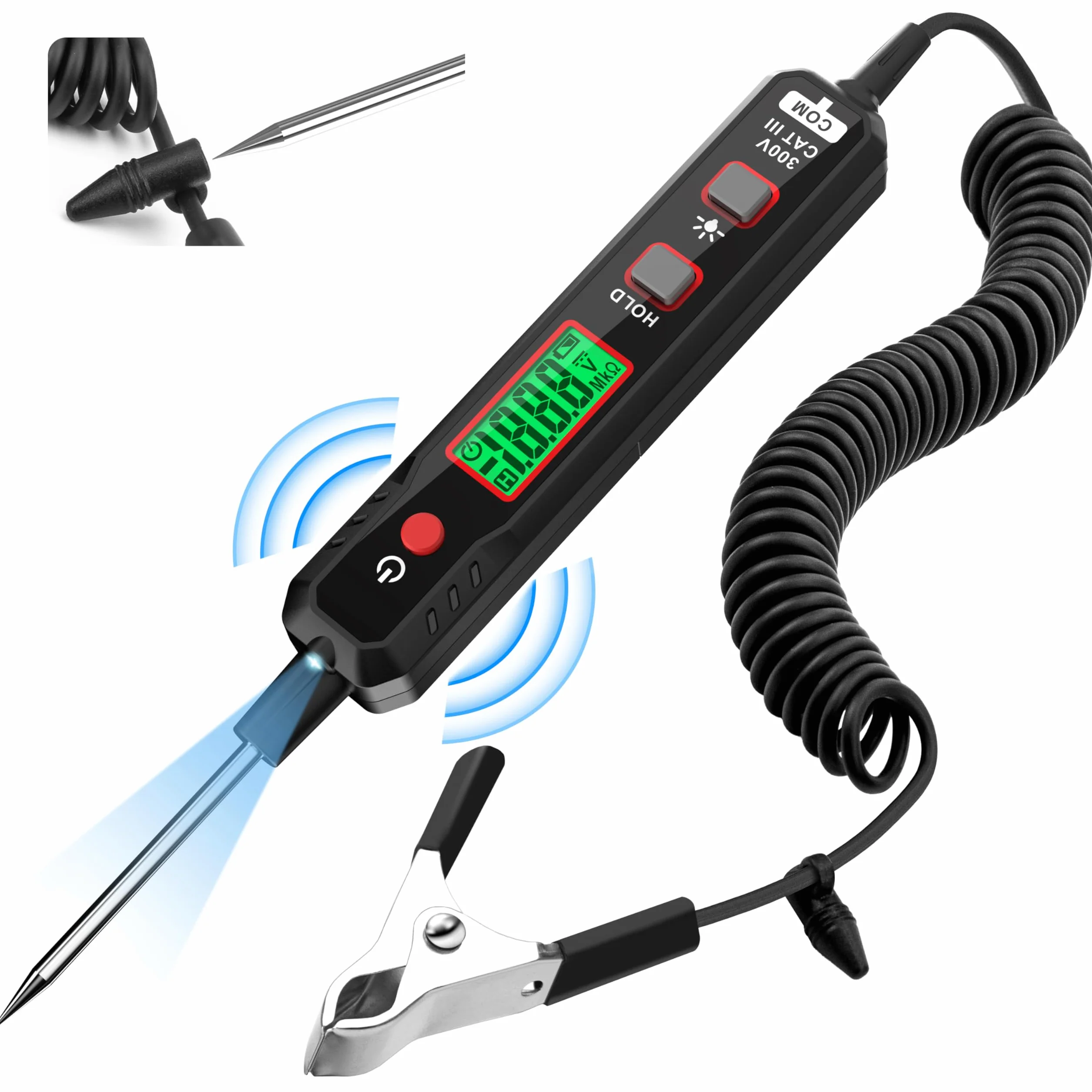 KAIWEETS Lápiz Comprobador de Voltaje para Coche, 0.8V-100V DC, Lámpara de Prueba Digital con Luz de Fondo